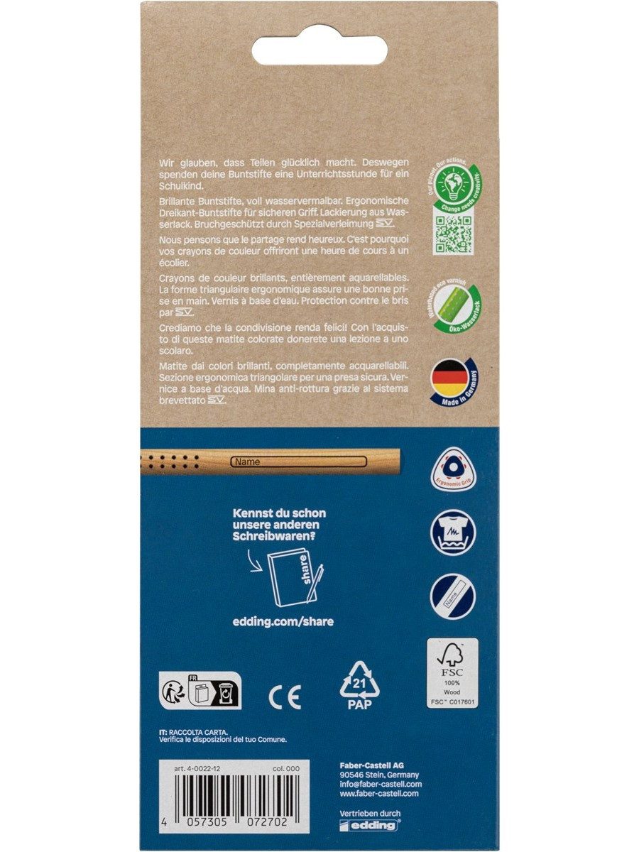 edding Buntstift Farbstifte 12 wasservermalbare Farben FSC zertifiziertes Holz, Wasservermalbare Farben und FSC zertifiziertes Holz