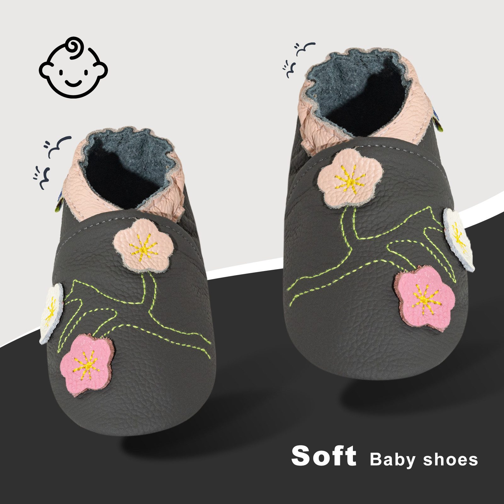 Yalion Weiche Leder Lauflernschuhe Hausschuhe Lederpuschen 3-Blumen Grau Krabbelschuh
