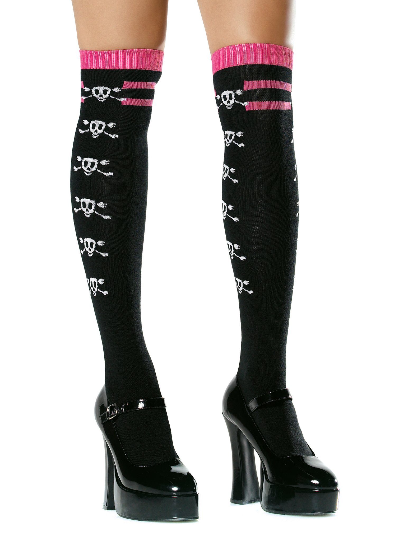 Leg Avenue Socken Overknee-Strümpfe mit Totenkopf-Muster Schwarz/Pin Rock your Style: Skull-Overknees mit Strick – frech & rockig kombini