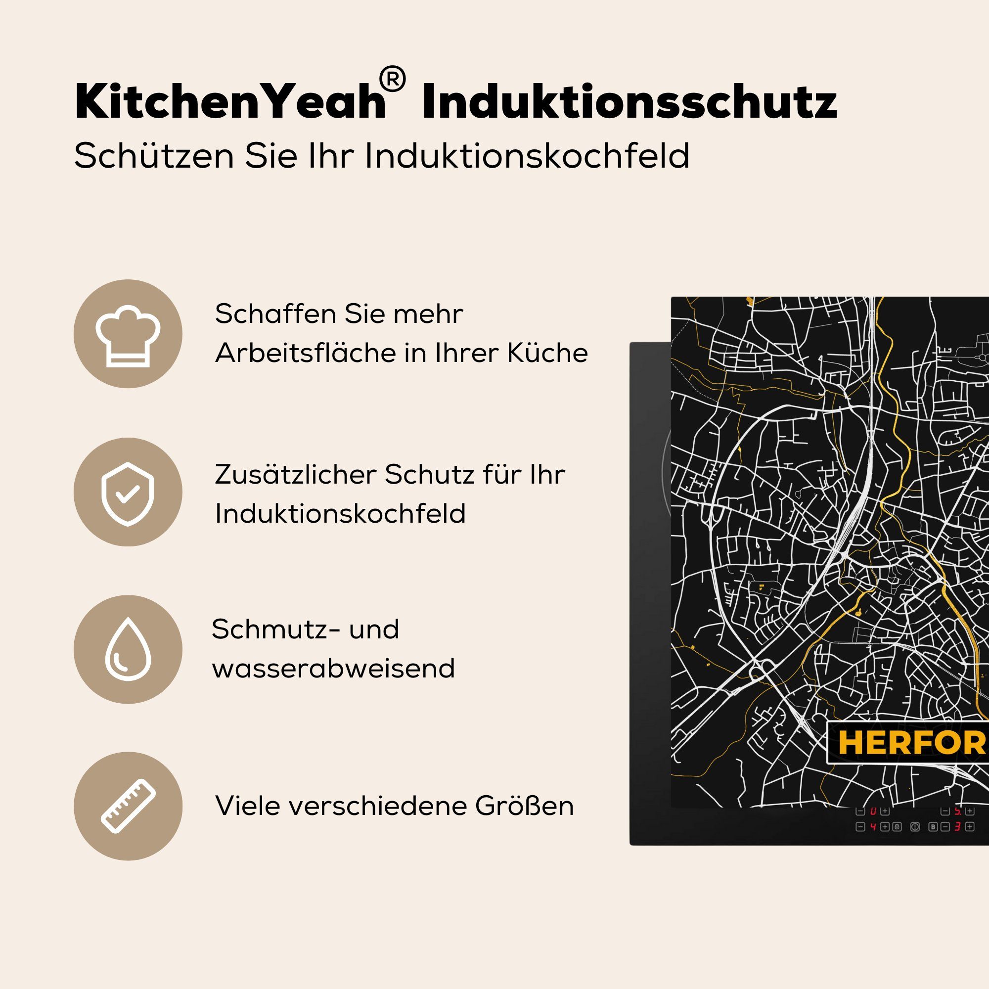 - Stadtplan Gold - Herdblende-/Abdeckplatte Ceranfeldabdeckung, Vinyl, - - Deutschland Herford cm, Arbeitsplatte MuchoWow Karte, Schwarz für küche tlg), 78x78 (1 und