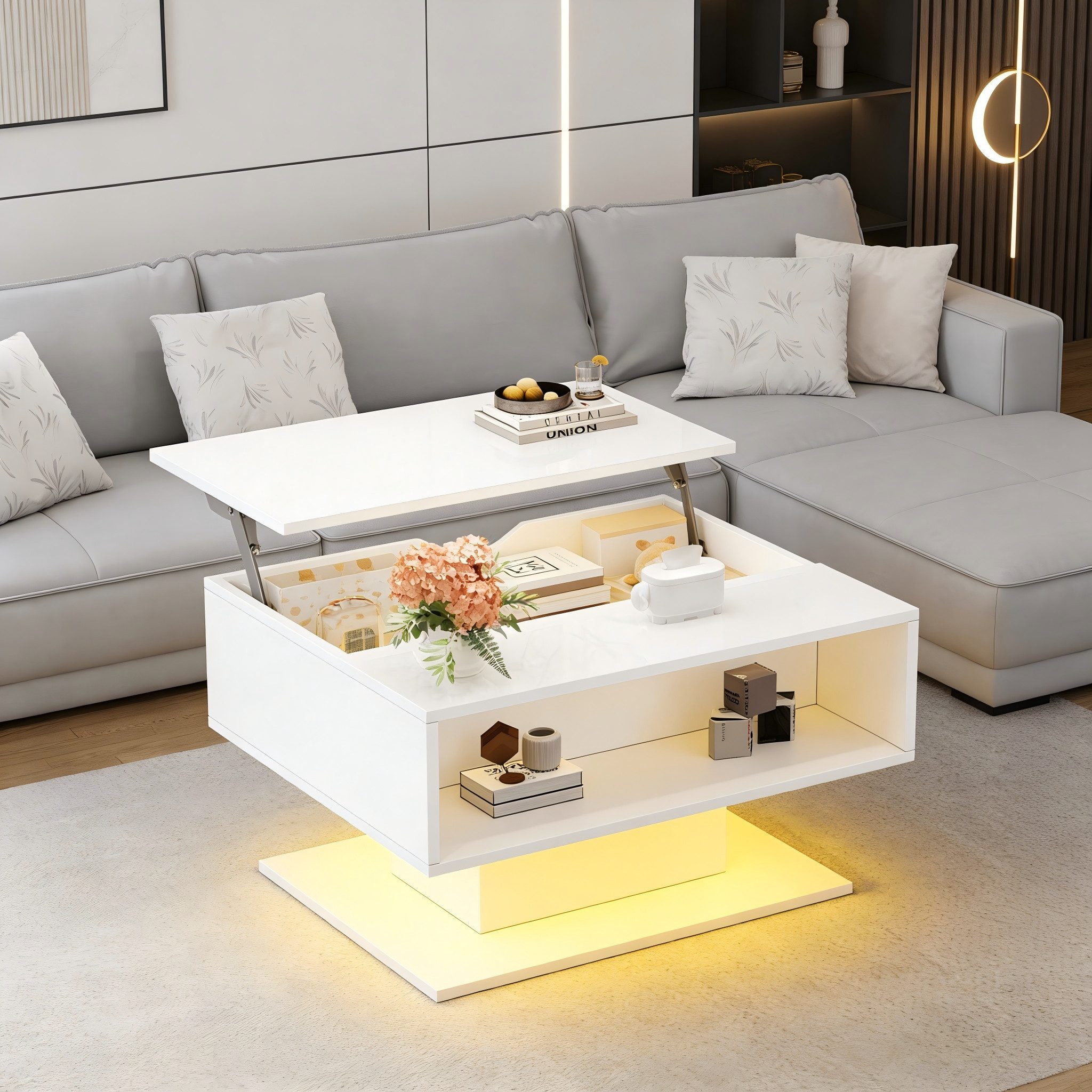 REDOM Couchtisch 80x77x40 cm mit LED-Beleuchtun (Kaffeetisch mit Versteckter Stauraum und halboffener Stauraum, 1-St., mit LED-Lichtstreifen), Hochglanz-Sofatisch, 80*77*40cm