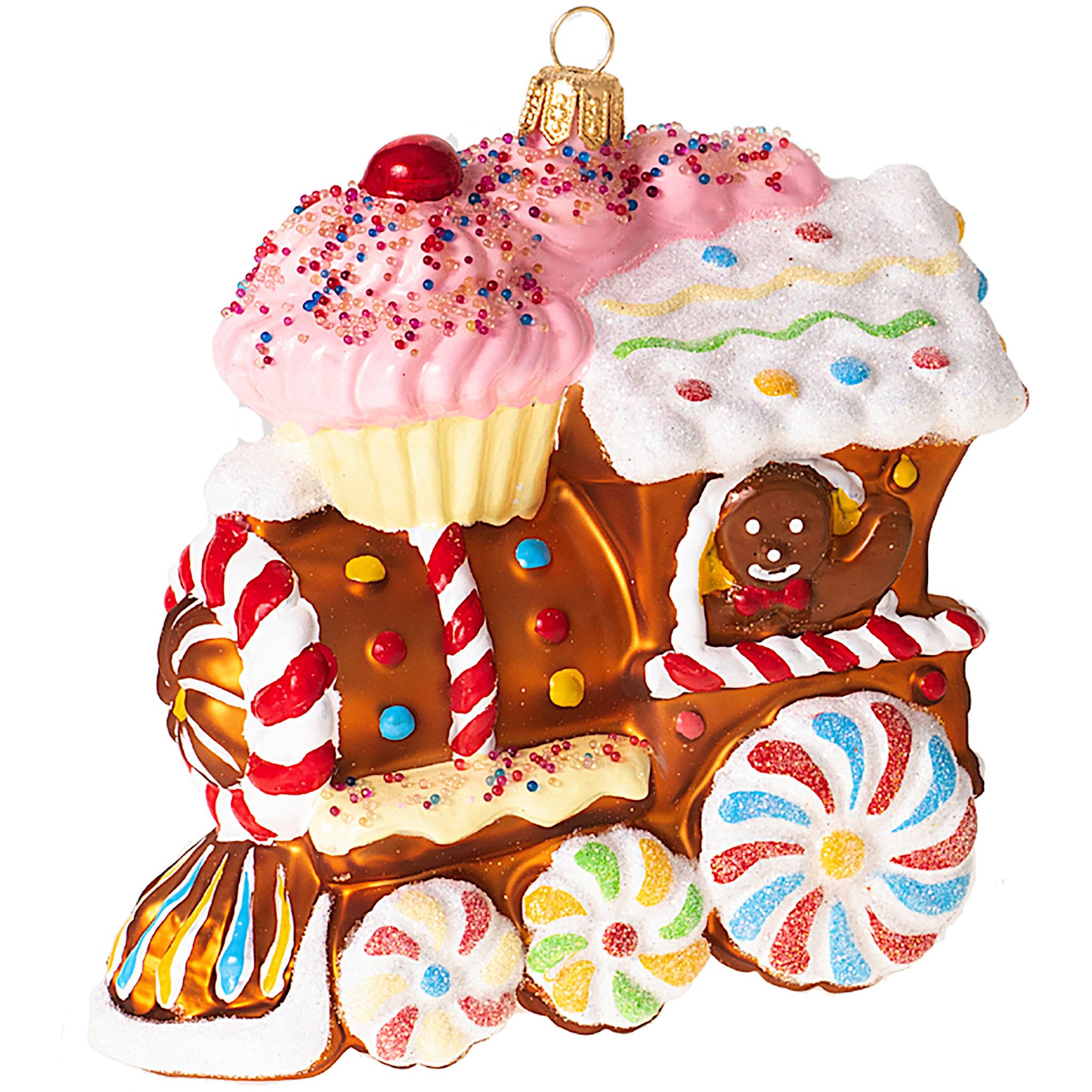 IMPULS Christbaumschmuck, Christbaumanhänger Lebkuchen Lokomotive aus Glas 12cm Braun Weiß Rosa