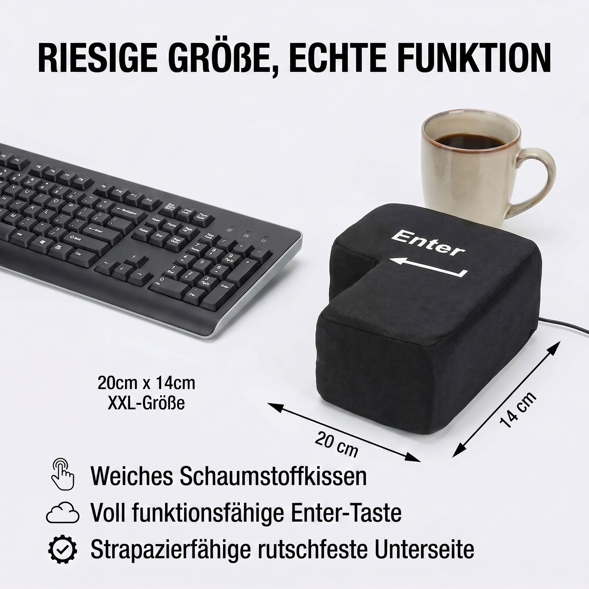Goods+Gadgets Große Eingabetaste XXL – USB-Tastatur-Eingabetaste, Stressabbau-Gadget USB-Tastatur (Enter-Taste mit Tisch-Kissen)