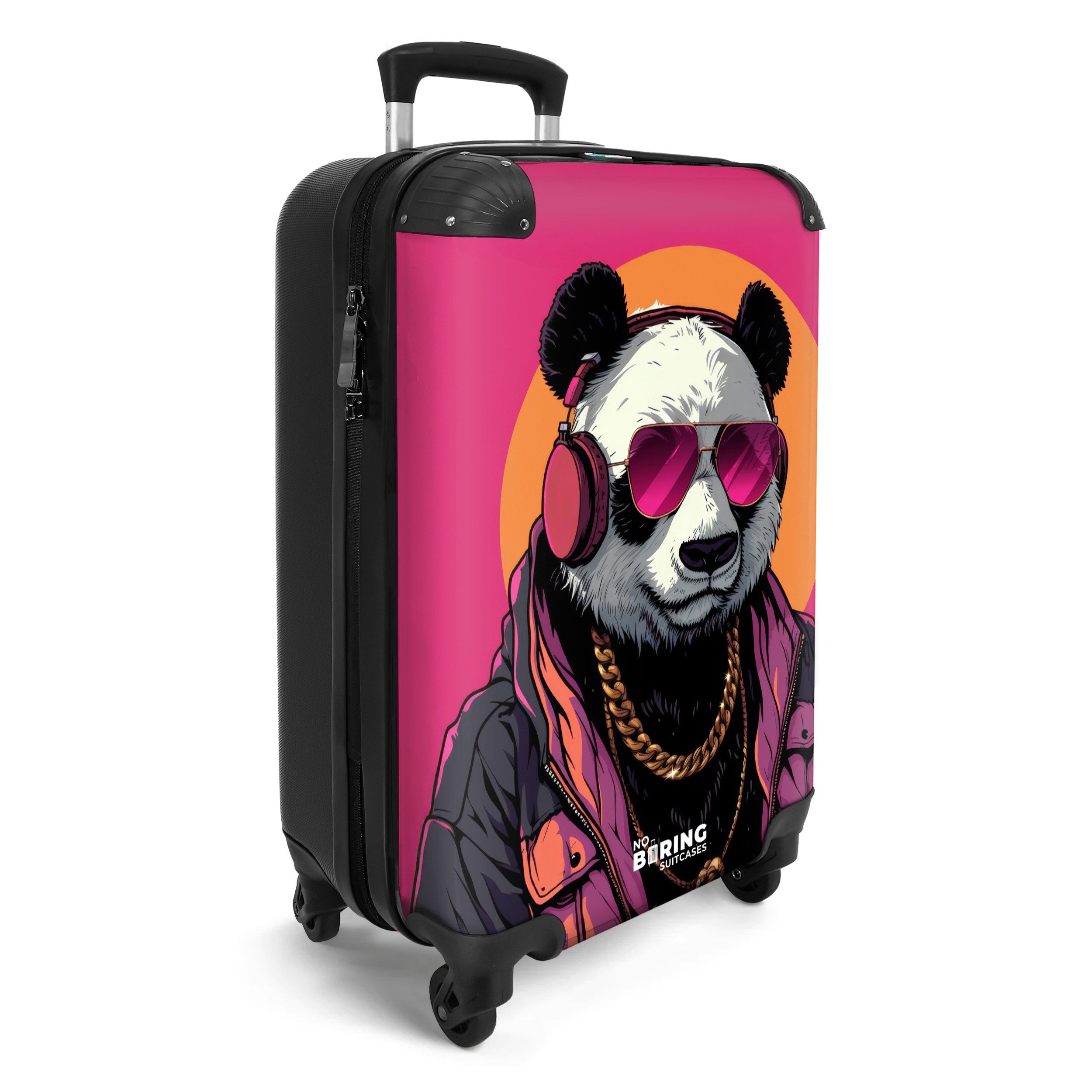 NoBoringSuitcases.com© Hartschalen-Trolley Panda mit Kopfhörer, Sonnenbrille und Goldkette 55x35x20cm, 4 Rollen, Kinder Koffer Klein, Trolley Handgepäck, Reisekoffer