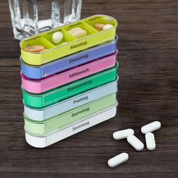 relaxdays Pillendose Tablettenbox mit Tasche 7 Tage 4 Fächer