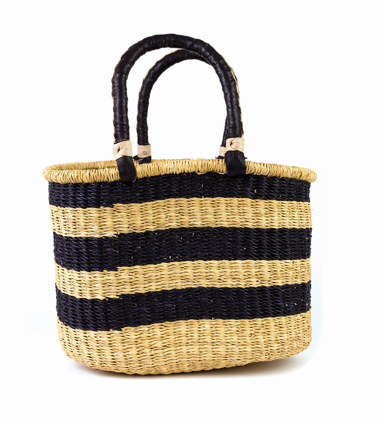 El Puente Einkaufskorb Bolga-Einkaufstasche aus Gras & Leder, gestreift, ca. 43 x 40 x 20 cm