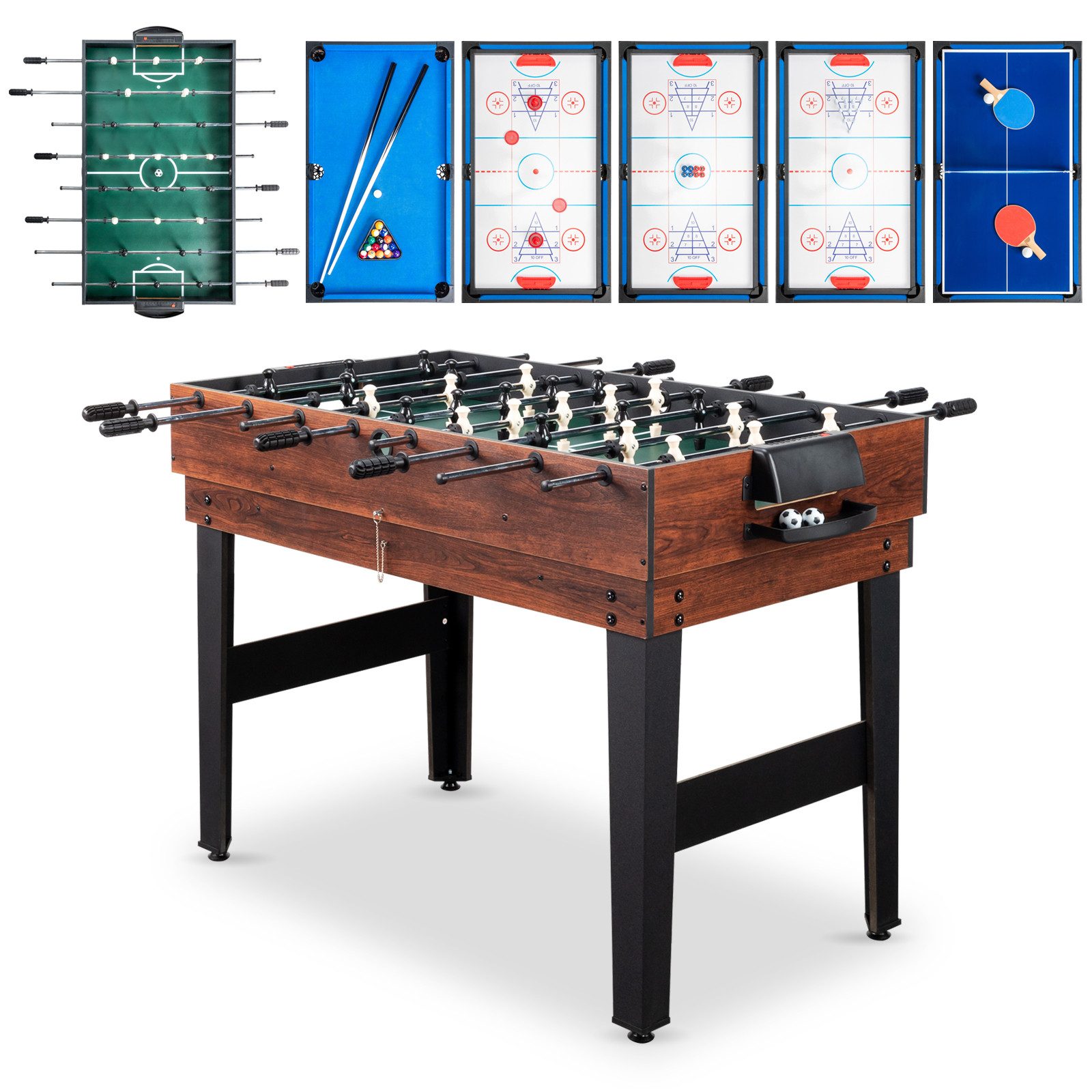 LALAHO Kickertisch Multifunktionstisch 6in1 Tischkicker Belfast,mit Hockey, Billardtisch, Pingpong, Shuffleboard, Bowling,122x61x80cm
