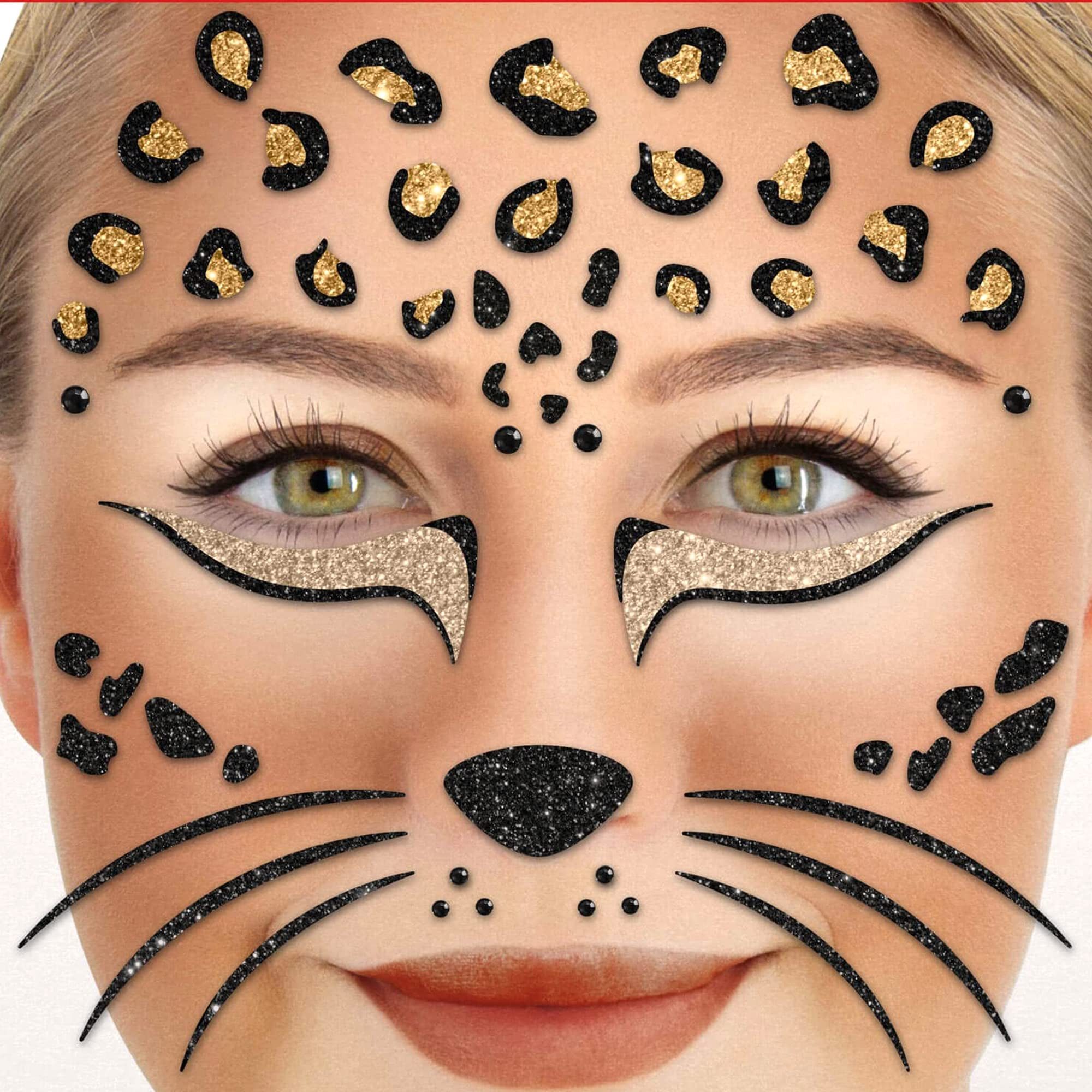 Party Factory Strass-Tattoo Glitter Face Tattoo - Leopard, mit Glitzerelementen und Strass-Steinchen je nach Wahl