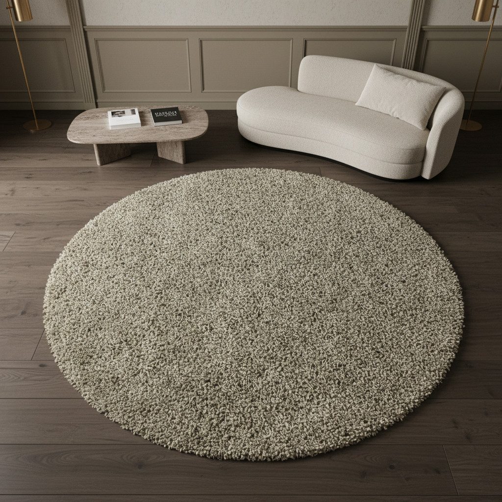KADIMA DESIGN Teppich Shaggy Teppich SPREE Hochflor Einfarbig Rund Läufer Flur Flauschig, Rund, Höhe: 32 mm, Natur, 80x80 cm, Wohnzimmerteppich Strapazierfähig  – Bild 3 von 5