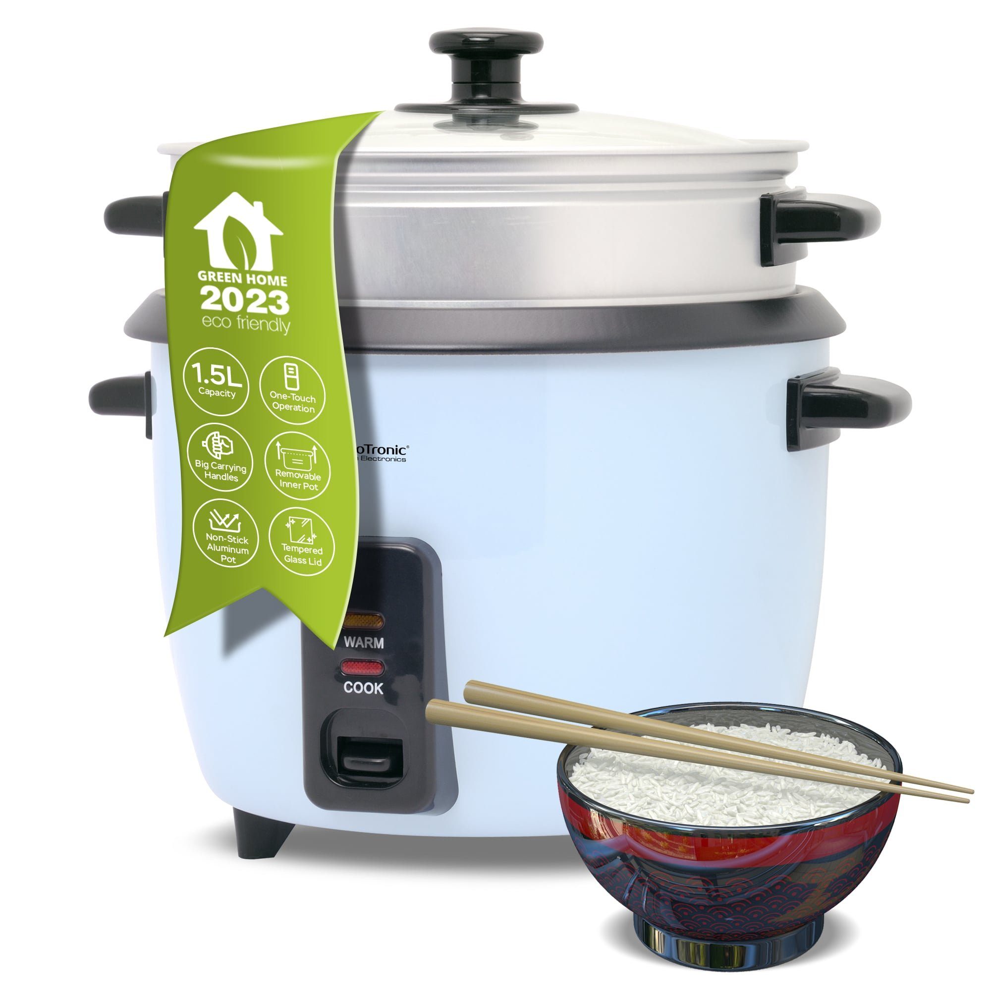 TurboTronic by Z-Line Reiskocher 1,5 Liter mit Dampfgareinsatz aus Edelstahl PLASTIKFREI, 500 W, Dampfgareinsatz aus Edelstahl PLASTIKFREI Dampfgarer Reistopf Retro