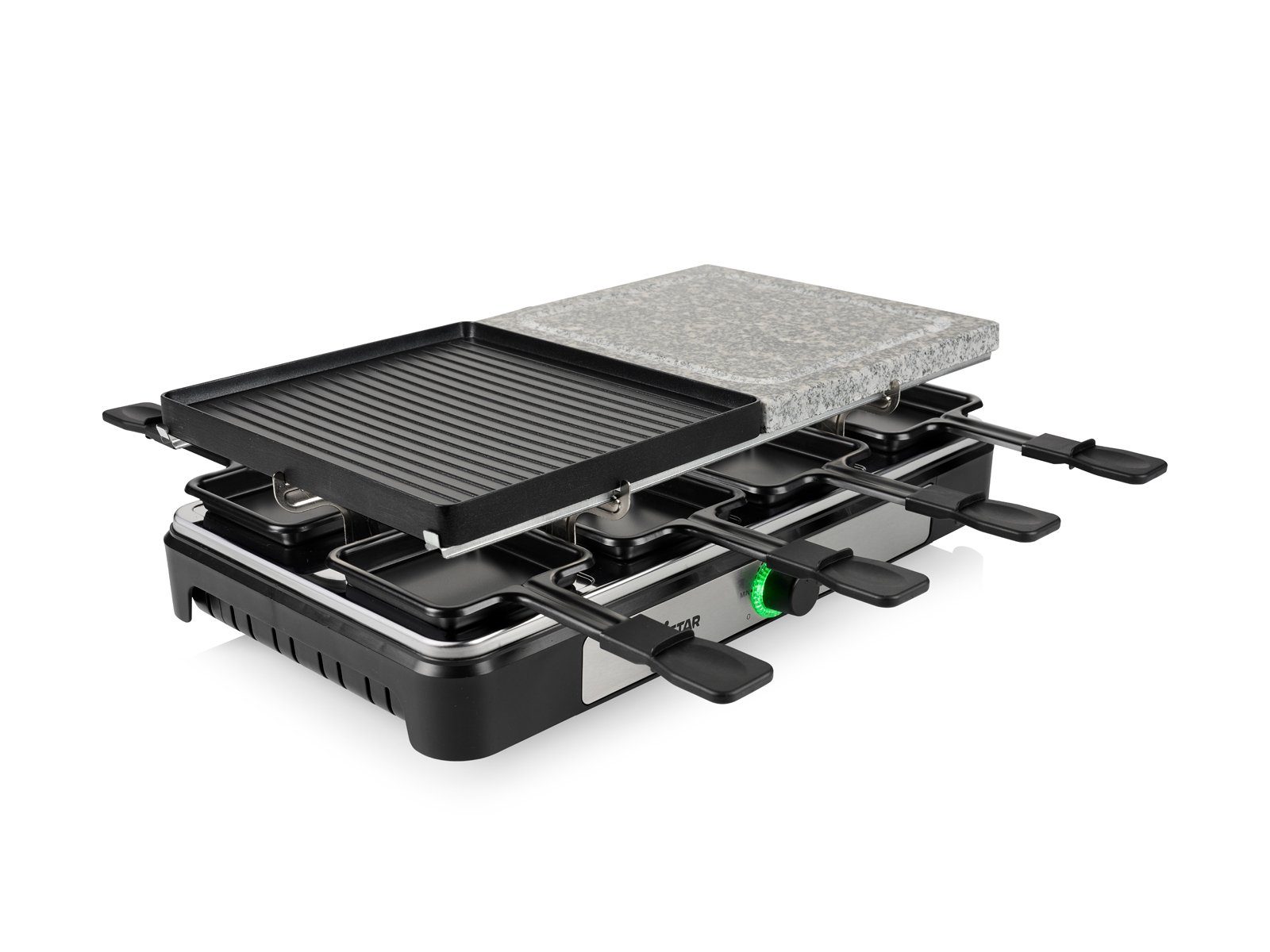 Tristar Raclette, 8 Raclettepfännchen, 1400 W, Tischgrill Grill- & Steinplatte 5in1 Gerät Steingrill für 2-8 Personen