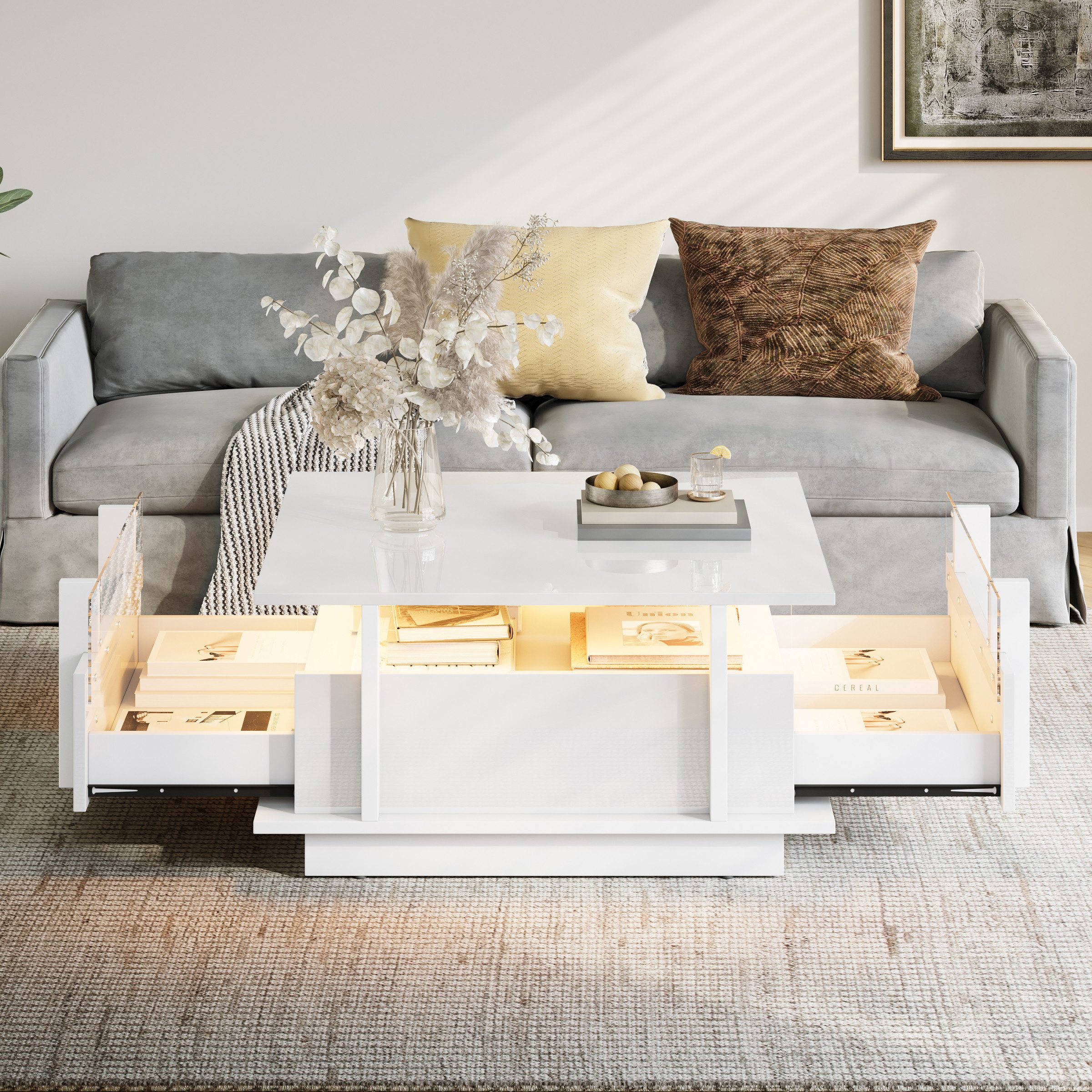 Merax Couchtisch hochglanz Sofatisch Beistelltisch mit LED-Beleuchtung (70×70×35cm, 1-St), Wohnzimmertisch mit 2 Schubladen & Transparente Acryl-Trennwand