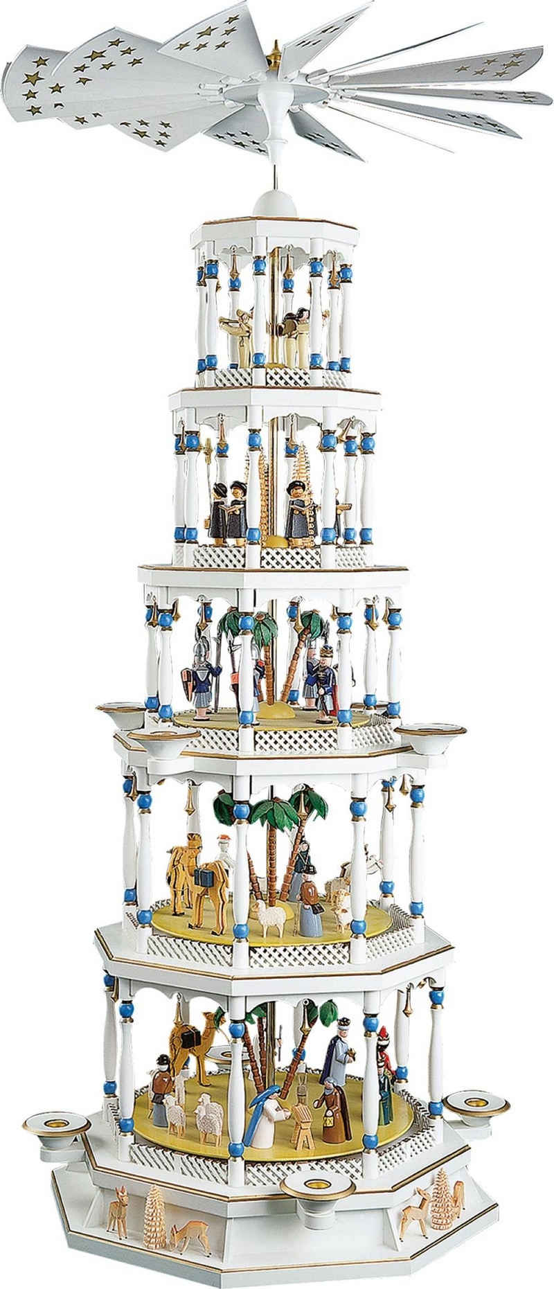 Richard Glaesser Weihnachtspyramide Pyramide Christi Geburt weiß 5-stöckig mit Spielwerk, Höhe 123 cm, Handwerkskunst original Erzgebirge