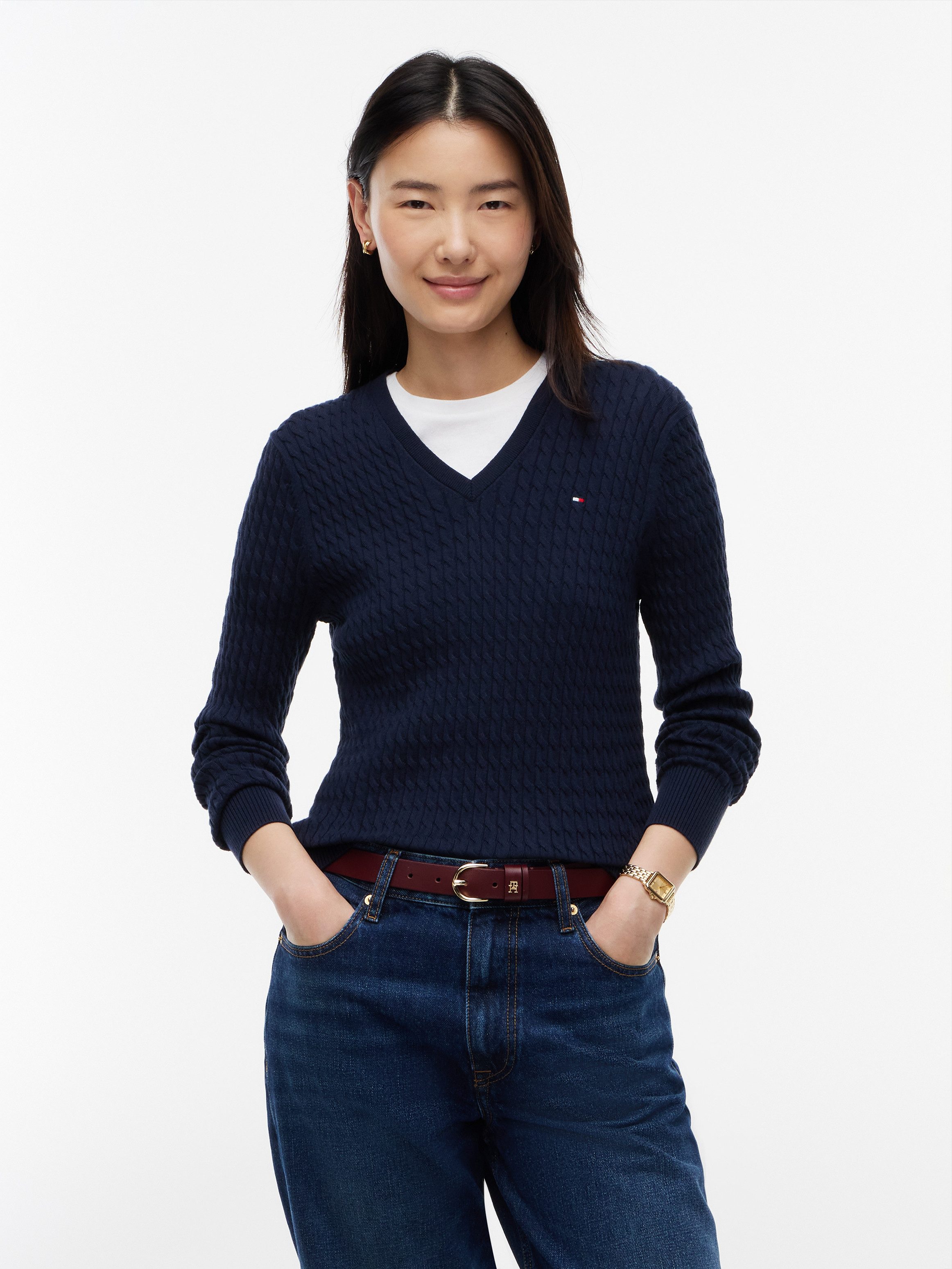 Tommy Hilfiger Strickpullover CO CABLE FINE GG V-NK LS SWT Baumwolle, mit Zopfmuster