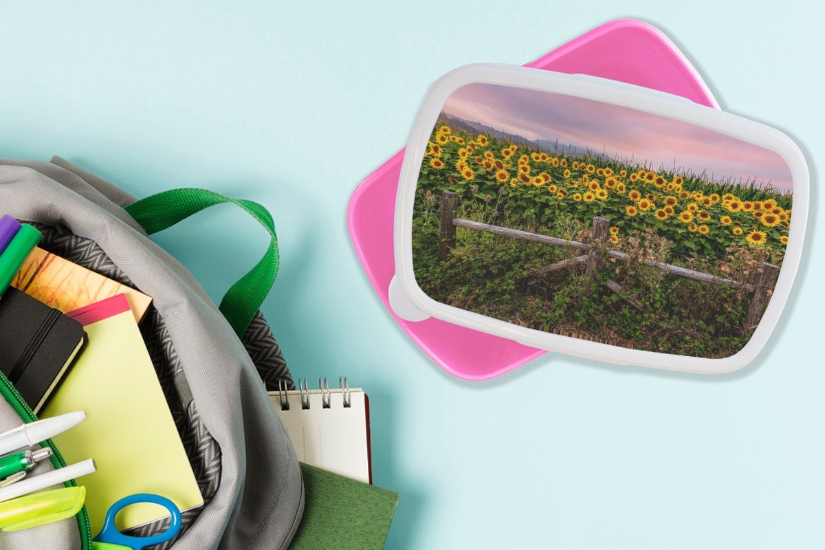 Brotdose für Blumen Kunststoff, Snackbox, Pflanzen, Erwachsene, - MuchoWow Mädchen, Lunchbox Kinder, - (2-tlg), Brotbox rosa Sonnenblume Kunststoff