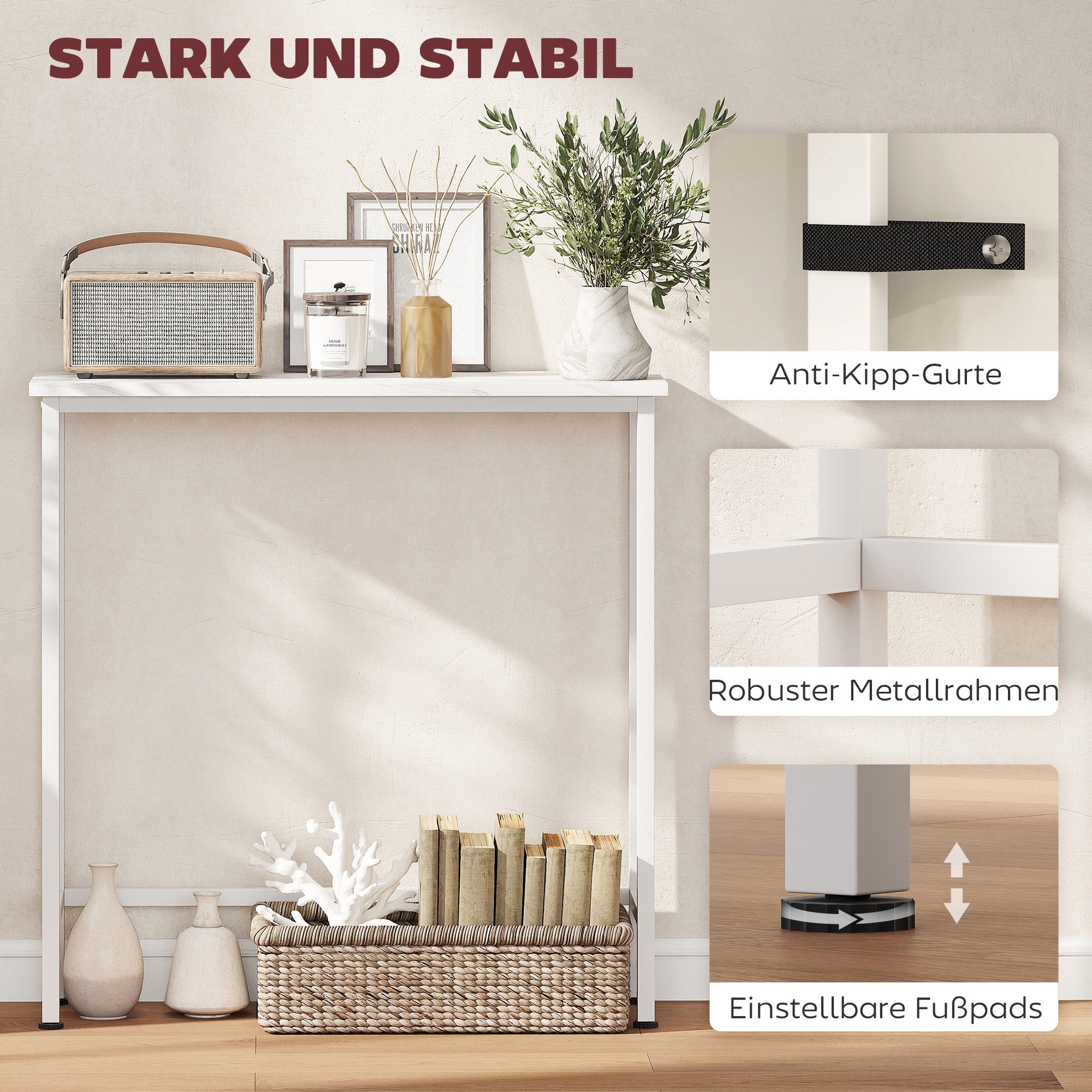 HOMCOM Konsolentisch Sofatisch Ausstellungstisch verstellbar Fußpads Kippschutz (Beistelltisch, 1-St., Flurtisch), für Kleinen Raum, Eingang, Flur, Wohnzimmer 7 – Bild 5 von 5