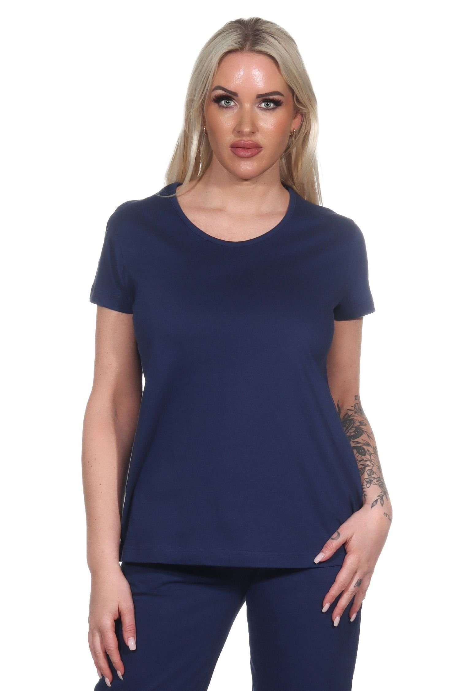 Relaxanzug Damen Schlafanzug Shirt kurzarm Pyjama Oberteil Mix & Match unifarben