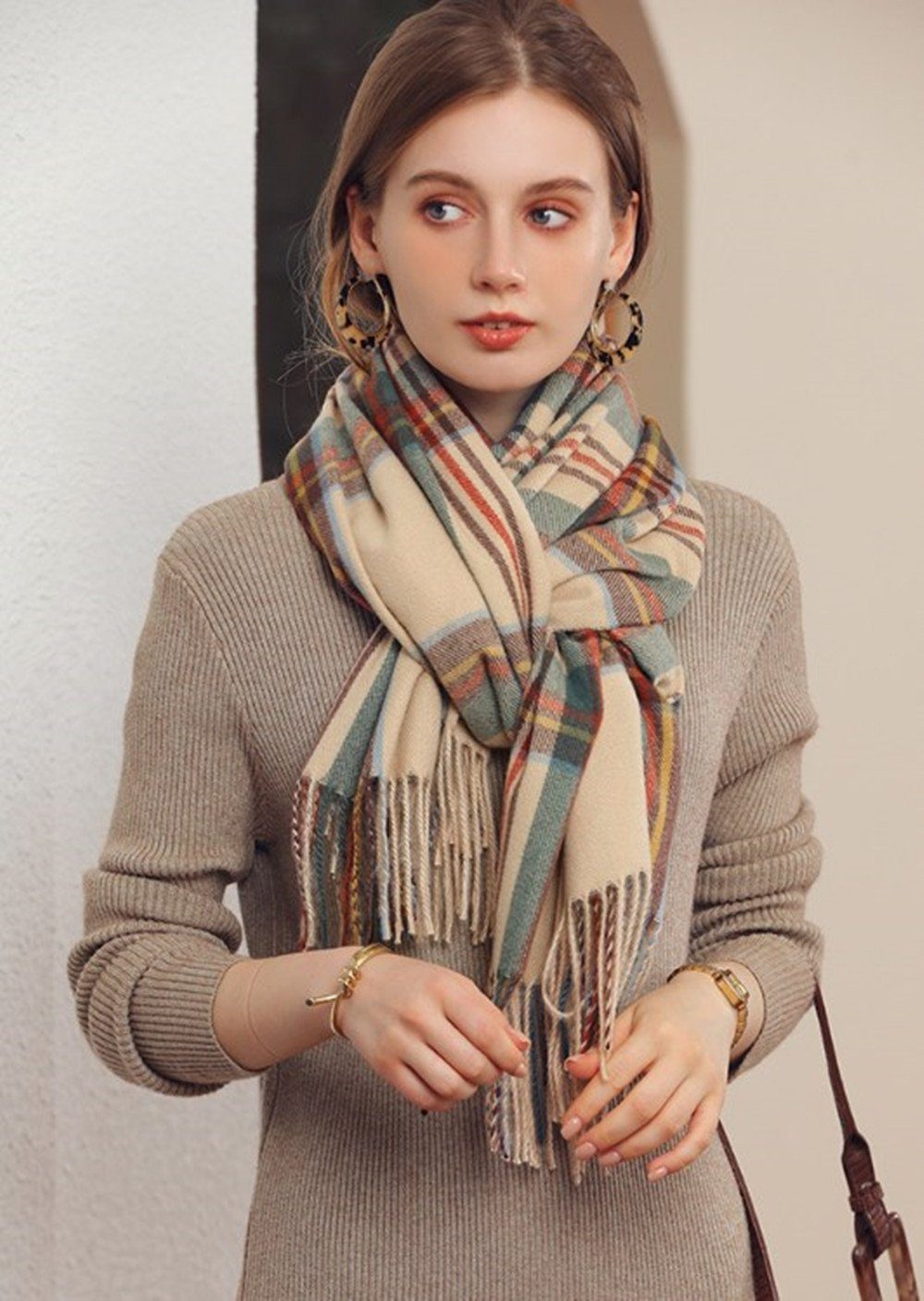 Fransen, Damen für Poncho Wollschal Schal in Farben beige mit Geschenk Damen Karo,Winter Halstuch Qualität verschiedenen XDeer Schal,kuschelweich Frauen