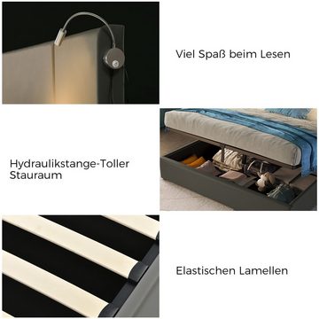 Sweiko Polsterbett (Doppelbett mit Leselicht und USB-Ladefunktion, Stauraumbett mit Kopfteil und Lattenrost), 160x200cm, ohne Matratze