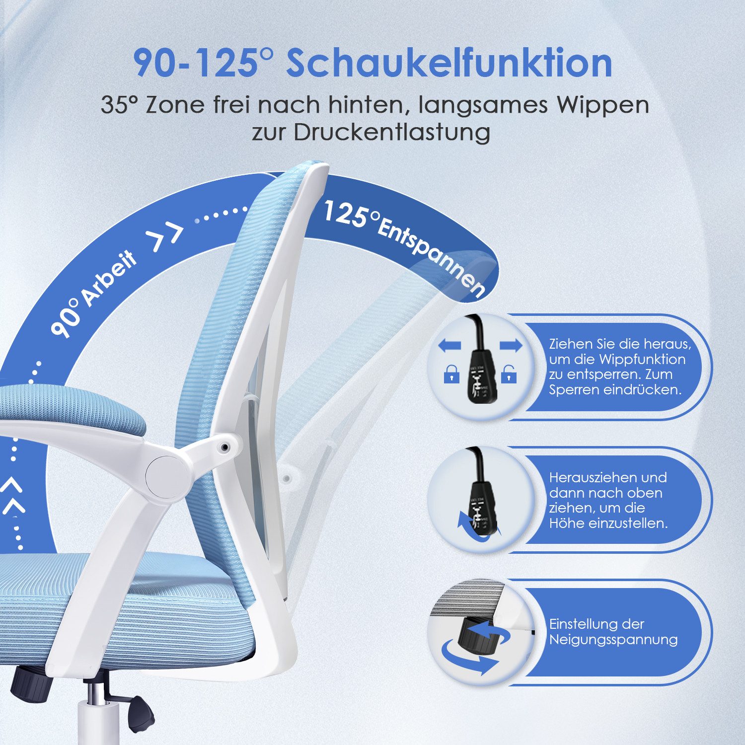 Adormii Bürostuhl Bürostuhl mit klappbaren Armlehnen,Ergonomischer Bürostuhl (Drehstuhl 360° mit Höhenverstellbarer Lendenwirbelstütze,Verstellbarer gepolsterten Armlehnen,Wippfunktion bis 125°,geräuscharmen Rollen,Höhenverstellbar), Atmungsaktiver Netzbezug, Hochwertiger Schaumstoff,Bis 150 kg