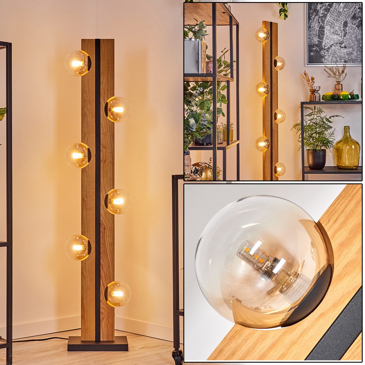 hofstein Stehlampe Stehlampe aus Holz/Metall/Glas in Natur/Schwarz/Bernstei günstig online kaufen