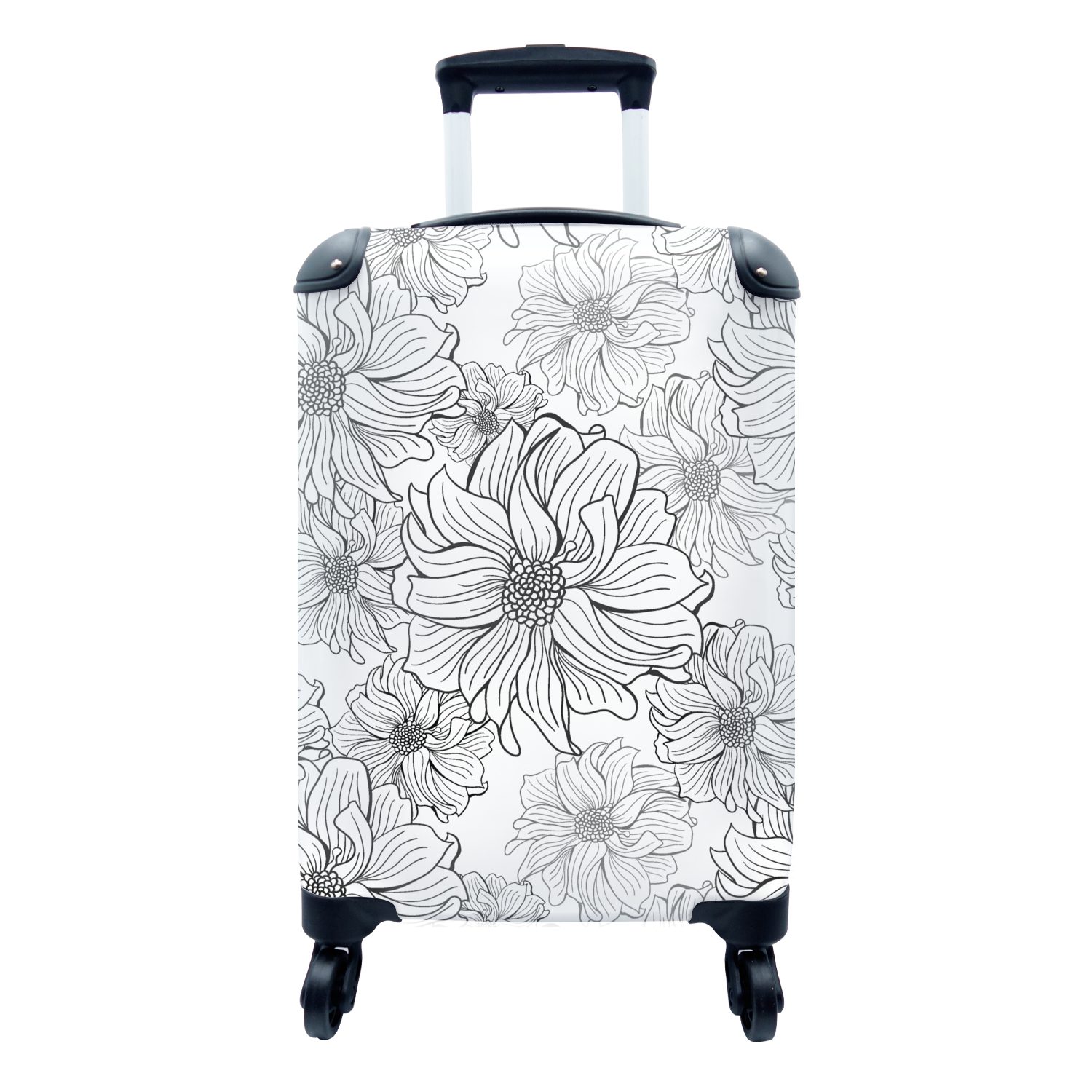 MuchoWow Handgepäckkoffer Blumen - Schwarz - Weiß - Design, 4 Rollen, Reisetasche mit rollen, Handgepäck für Ferien, Trolley, Reisekoffer