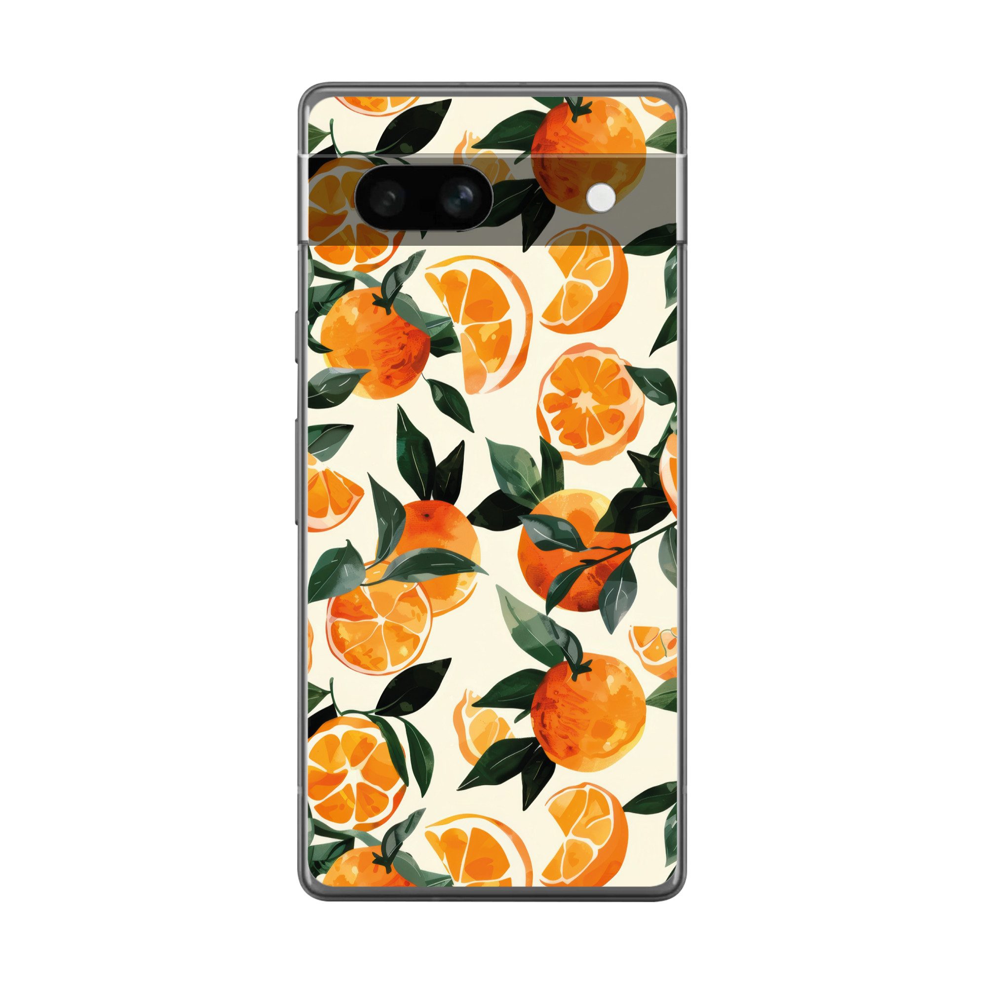 MuchoWow Handyhülle für Google Pixel 7a Orangen - Früchte - Blätter - Orange - Grün - Beig, Handy Case, Silikon, Bumper Case Dünn