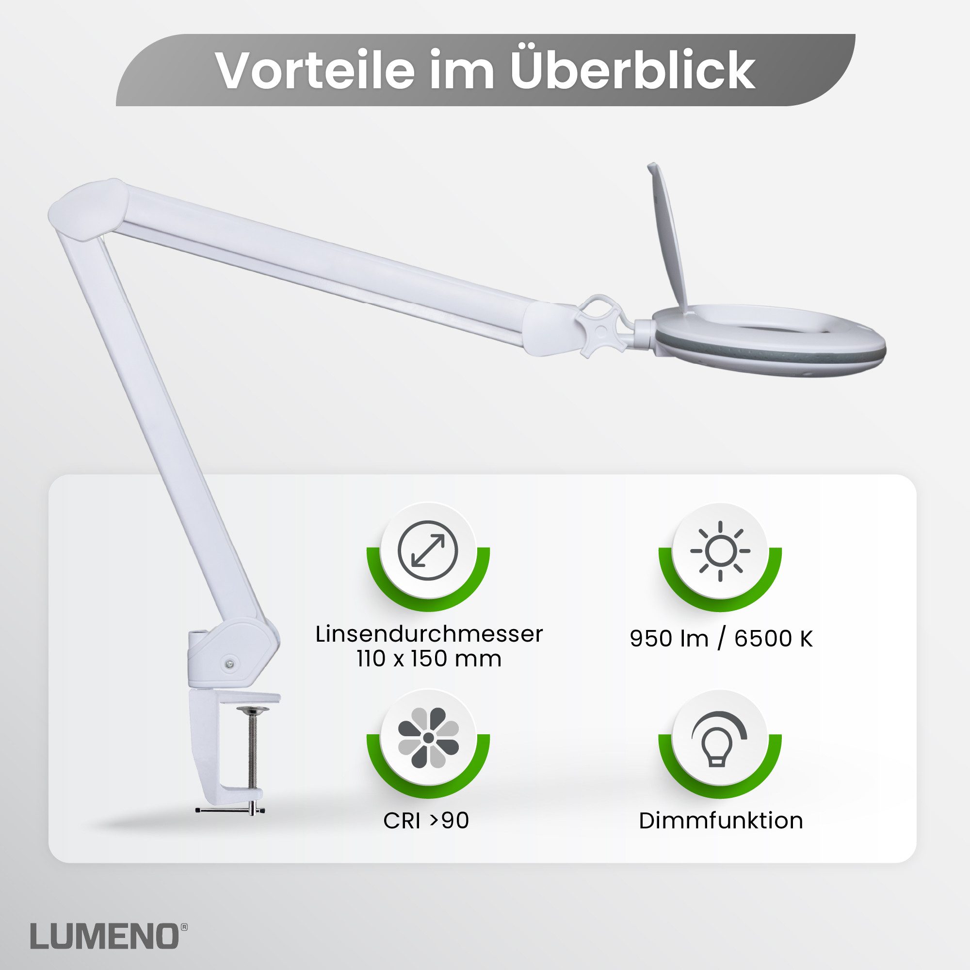 Lumeno Lupenlampe 861XGR Lupenleuchte Lupenlampe mit ovaler Echtglaslinse kristallklar, LED fest integriert, Kaltweiß, 6500 K