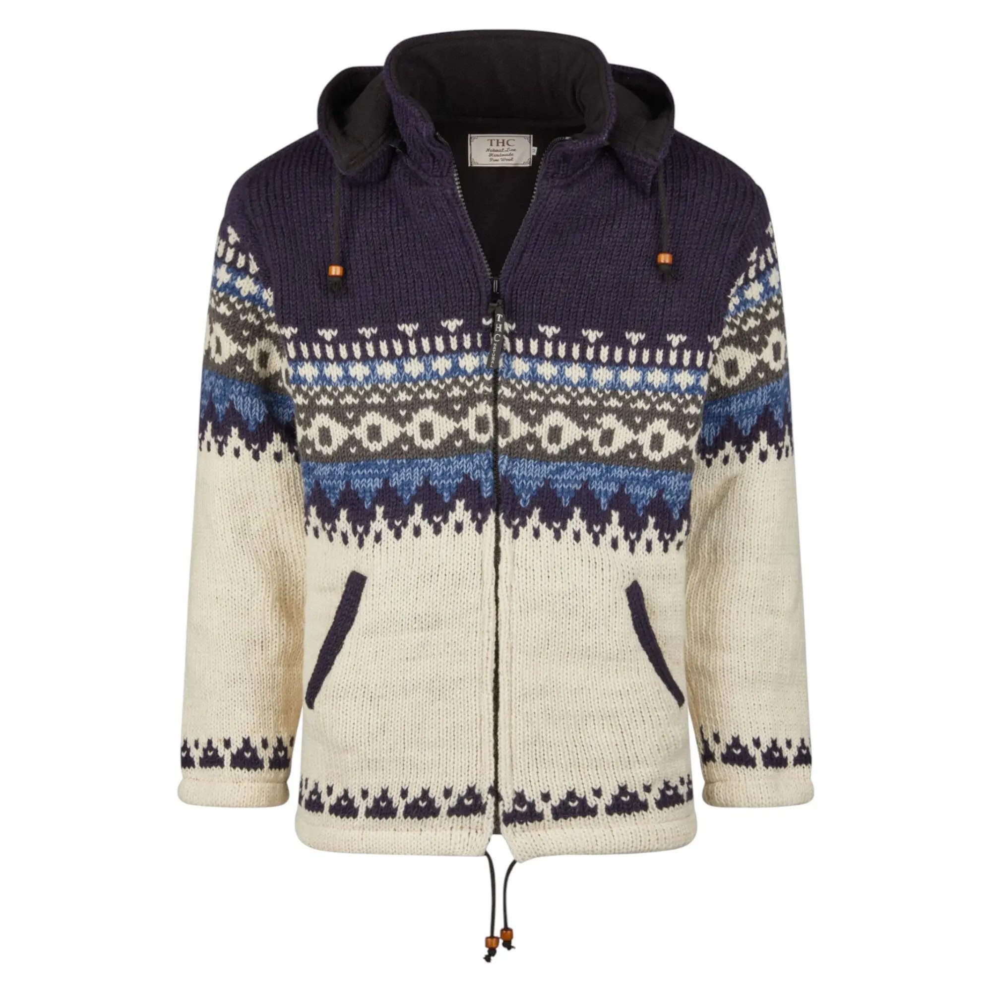 THC Natural Line Strickjacke THC Schafwollstrickjacke blau gemustert 816 (1 Stück, 1-tlg., 1 Stüpck) Strickjacke mit abnehmbarer Kapuze