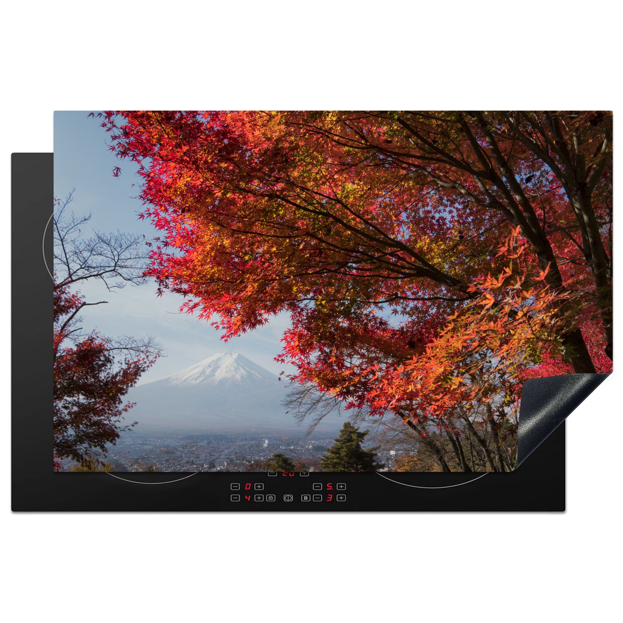 MuchoWow Herdblende-/Abdeckplatte Berg Fidschi mit einem roten Ahornbaum, Vinyl, (1 tlg), 81x52 cm, Induktionskochfeld Schutz für die küche, Ceranfeldabdeckung