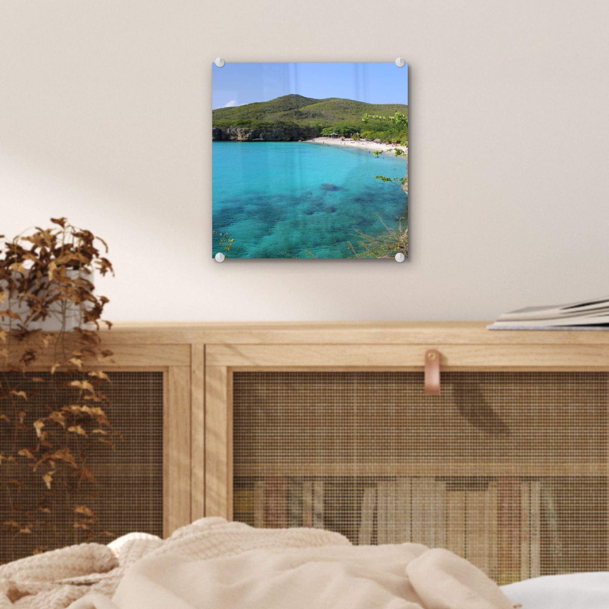 MuchoWow Acrylglasbild Strand Wandbild Foto - Glas Curacao Glasbilder - auf Glas St), Bilder Insel, Wanddekoration - - auf (1 