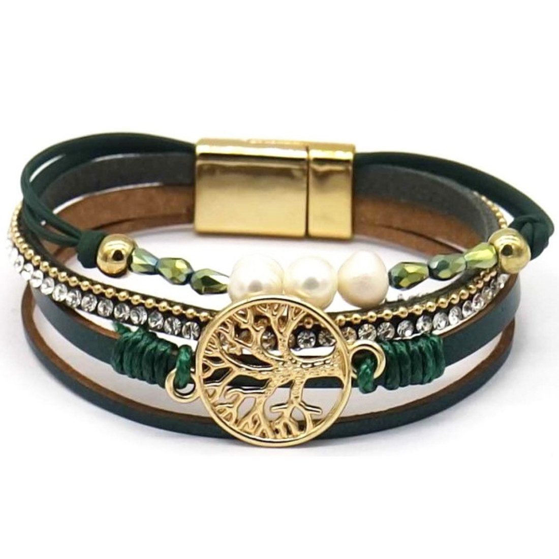 KARMA Lederarmband Damenarmband Leder braun gold mit Kristallen (Damenschmuck Armband Kristalle), Lebensbaum Damenschmuck Geschenk Lederarmband