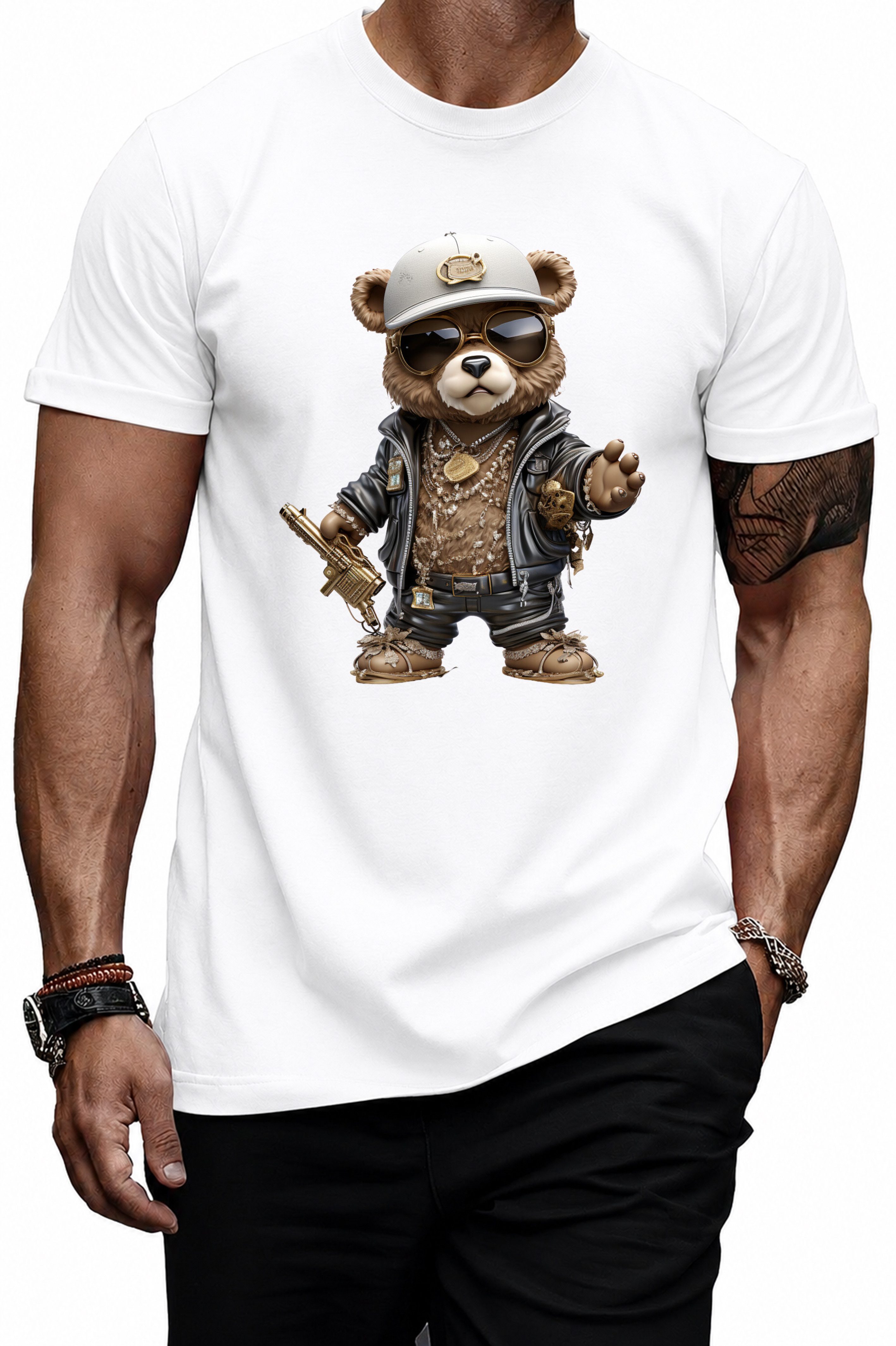 Banco T-Shirt Herren T-Shirt Gangster Bär mit weißer Kappe goldene Maschinengewähr 100% Baumwolle