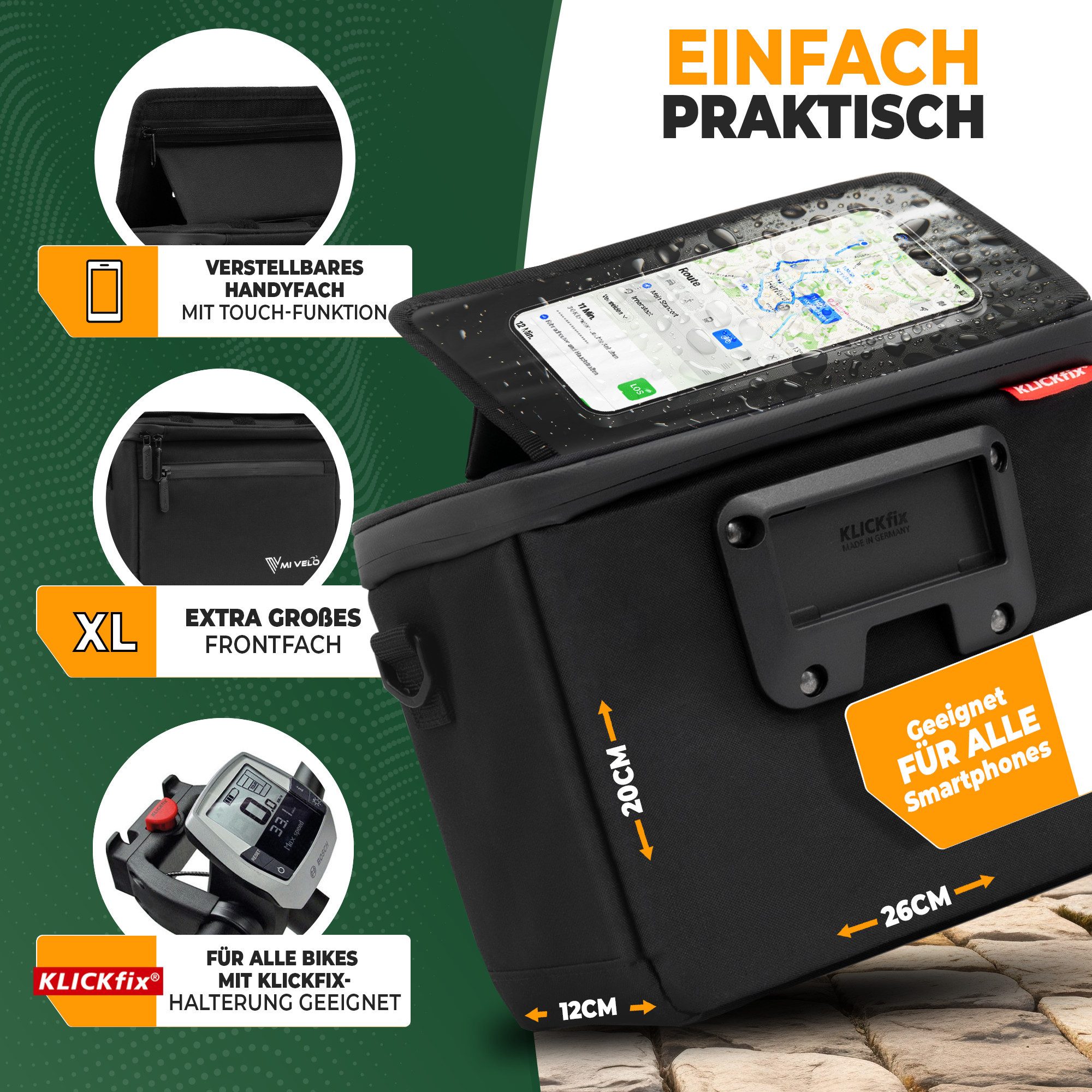 MIVELO Lenkertasche Fahrradtasche Lenker für KLICKfix, Fahrrad Tasche inkl. Handyfach, KLICKfix kompatibel