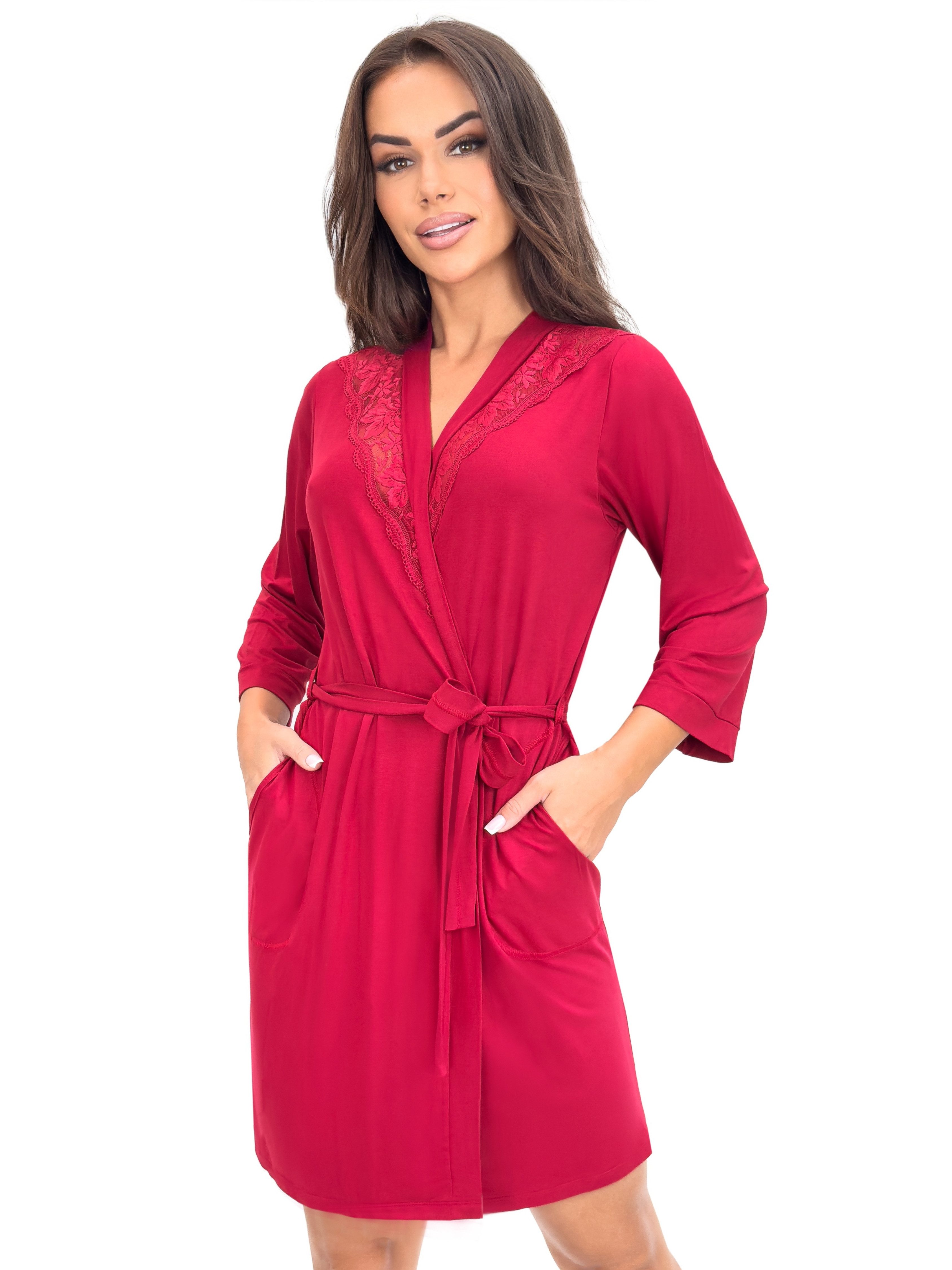 Donna Morgenmantel Kimono mit 3/4 Arm, Viskose-Elasthan, Schalkragen, Bindegürtel, mit Spitzenapplikation, edle Viskose-Qualität