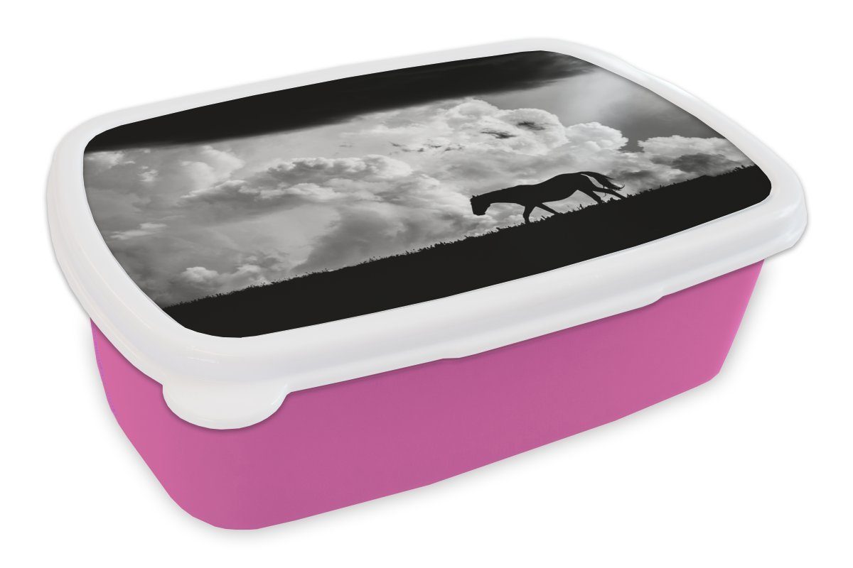 Wolken, eines Brotdose rosa Kunststoff, für Silhouette Snackbox, Brotbox MuchoWow Kinder, gegen Erwachsene, (2-tlg), Lunchbox Mädchen, Kunststoff Wildpferdes stürmische