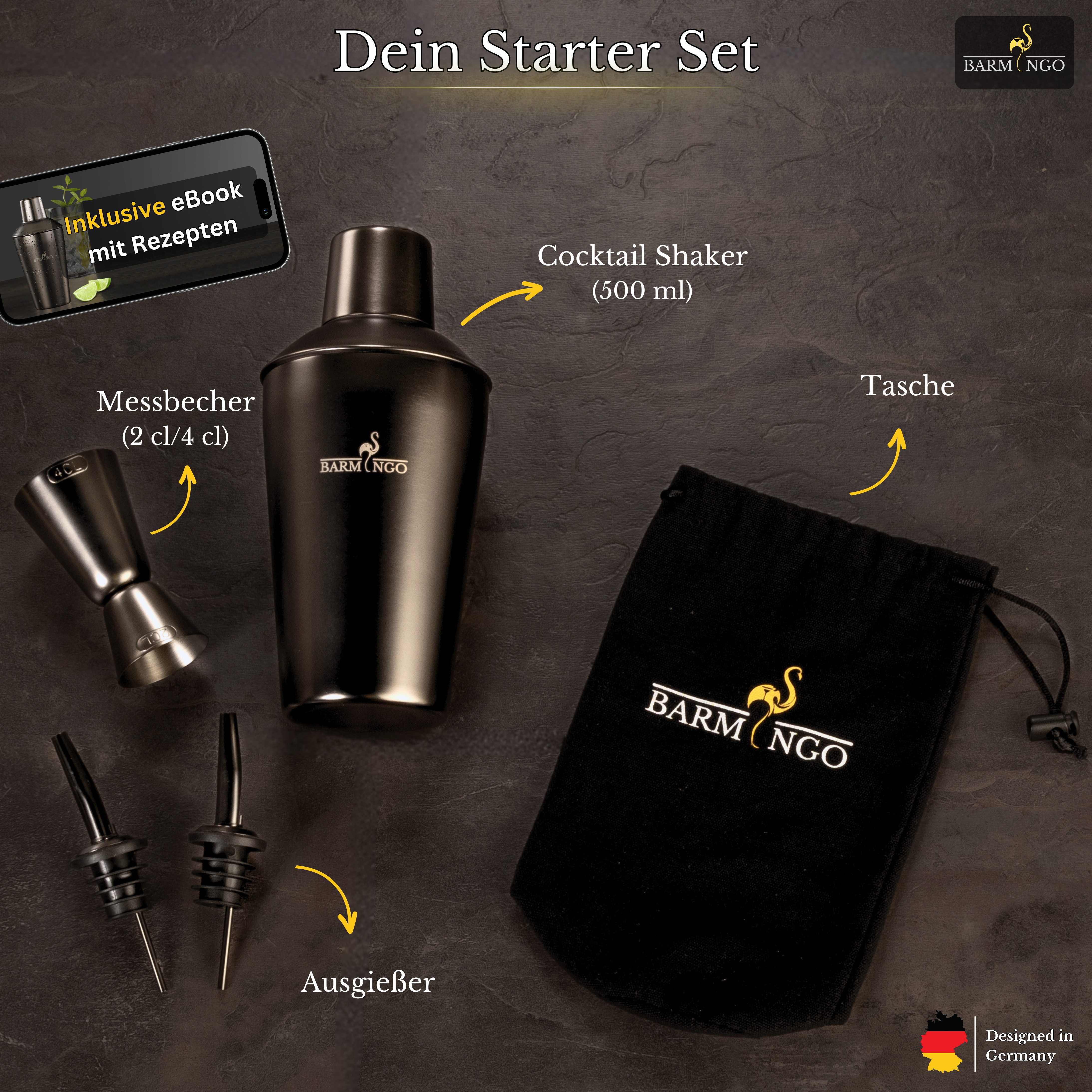 BARMINGO Cocktail-Set Edelstahl Cocktail Shaker Set (700 oder 500ml) mit Bar Zubehör, (Cocktailshaker Set, 5-tlg., für Profis und Anfänger), Cocktail Zubehör mit hochwertiger Beschichtung in stilvollen Farben