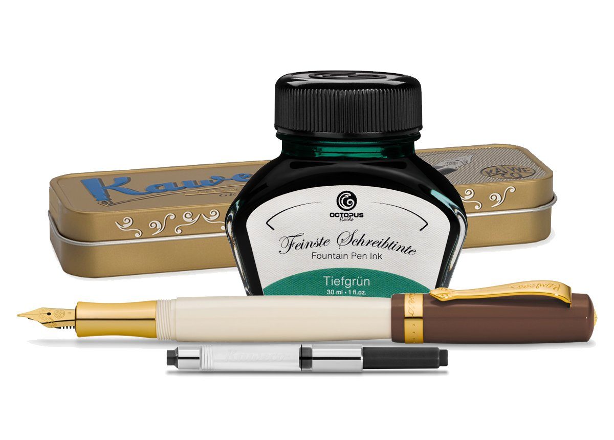 Kaweco Kaweco Student mit Füllhaltertinte Metalletui 20's Jazz, Grün Tintenglas (Komplett-Set mit Kaweco Student Füllhalter, Tintenkonverter, Octopus Fluids Schreibtinte und Kaweco Metalletui, 0-tlg., MADE IN GERMANY)