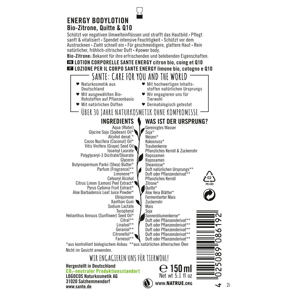 SANTE Bodylotion Energy Bio Zitrone Quitte, 150 ml