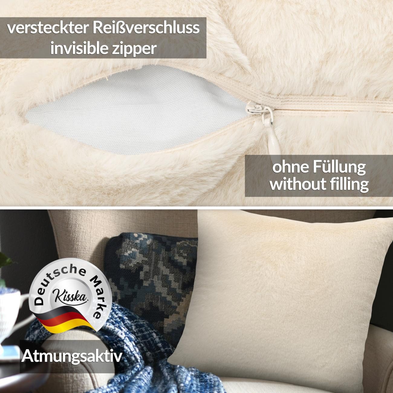 ANRO Dekokissen PLÜSCH Bär Schlicht Kunstfell Sofakissen Kuschelkissen Flauschig, sehr weich & kuschelig 30x50cm OHNE Füllung Uni-Einfarbig Creme – Bild 3 von 5