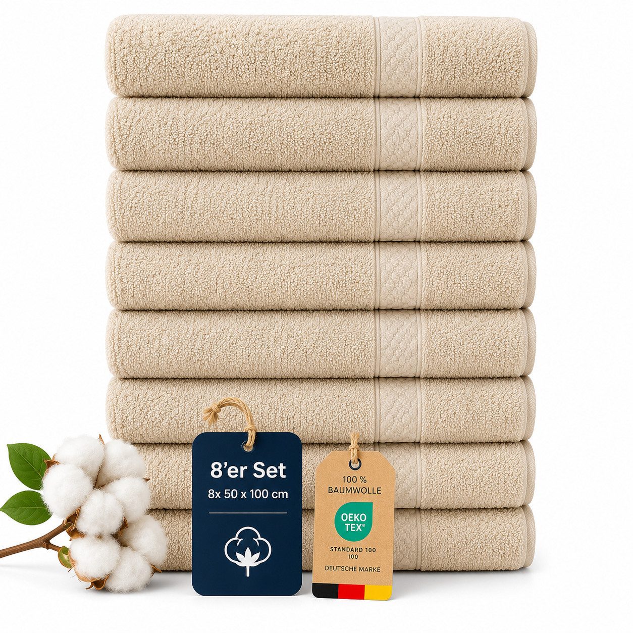 Komfortec Handtuch Set 8x Premium Handtuch Set - 50x100 cm, Frottee (8-St), 100% Baumwolle, mit Bordüre, Weich, Hotelqualität