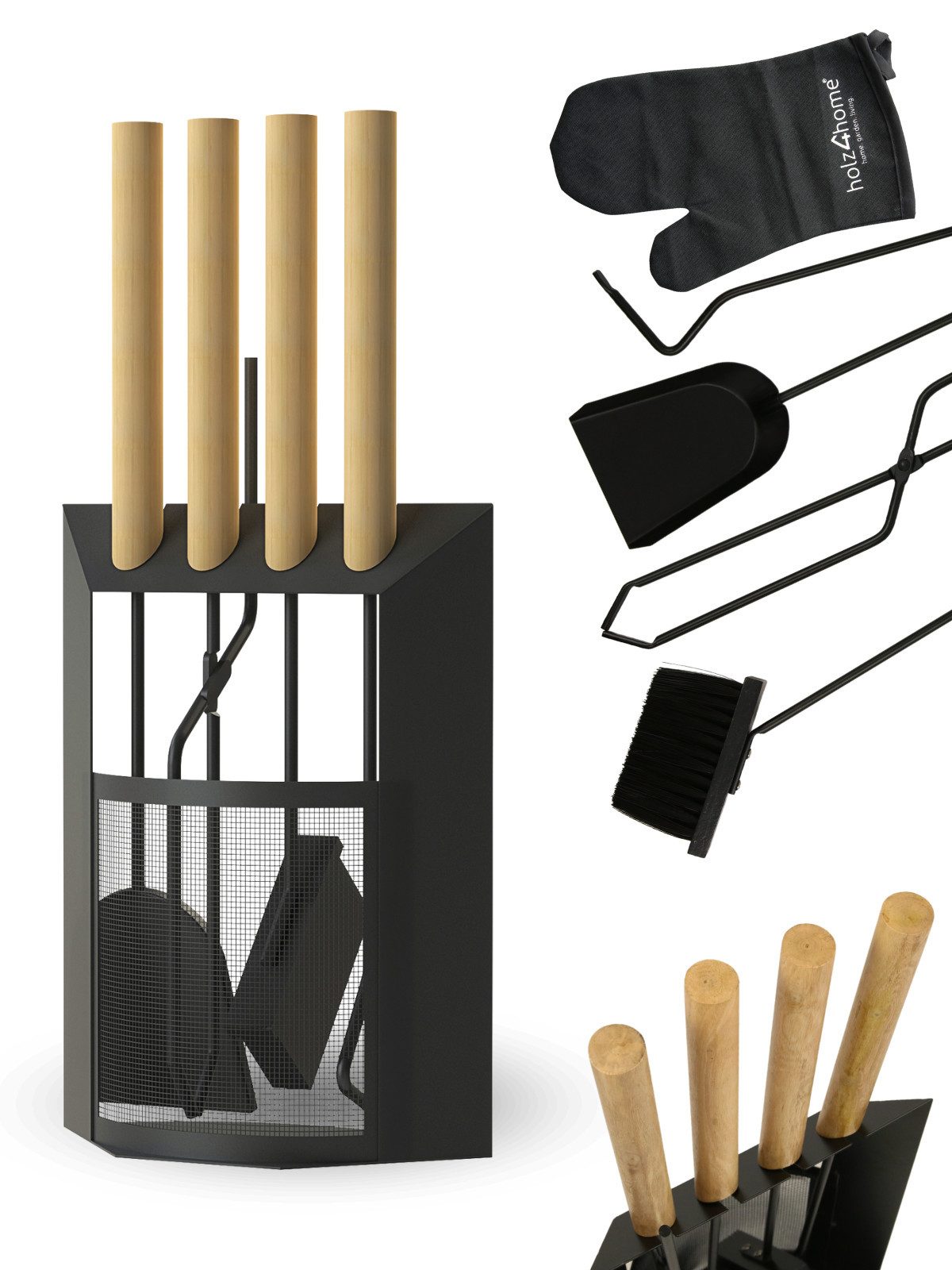 holz4home® Kamingarnitur Kaminbesteck 6-tlg. Schwarz mit Holzgriff inkl. Of günstig online kaufen