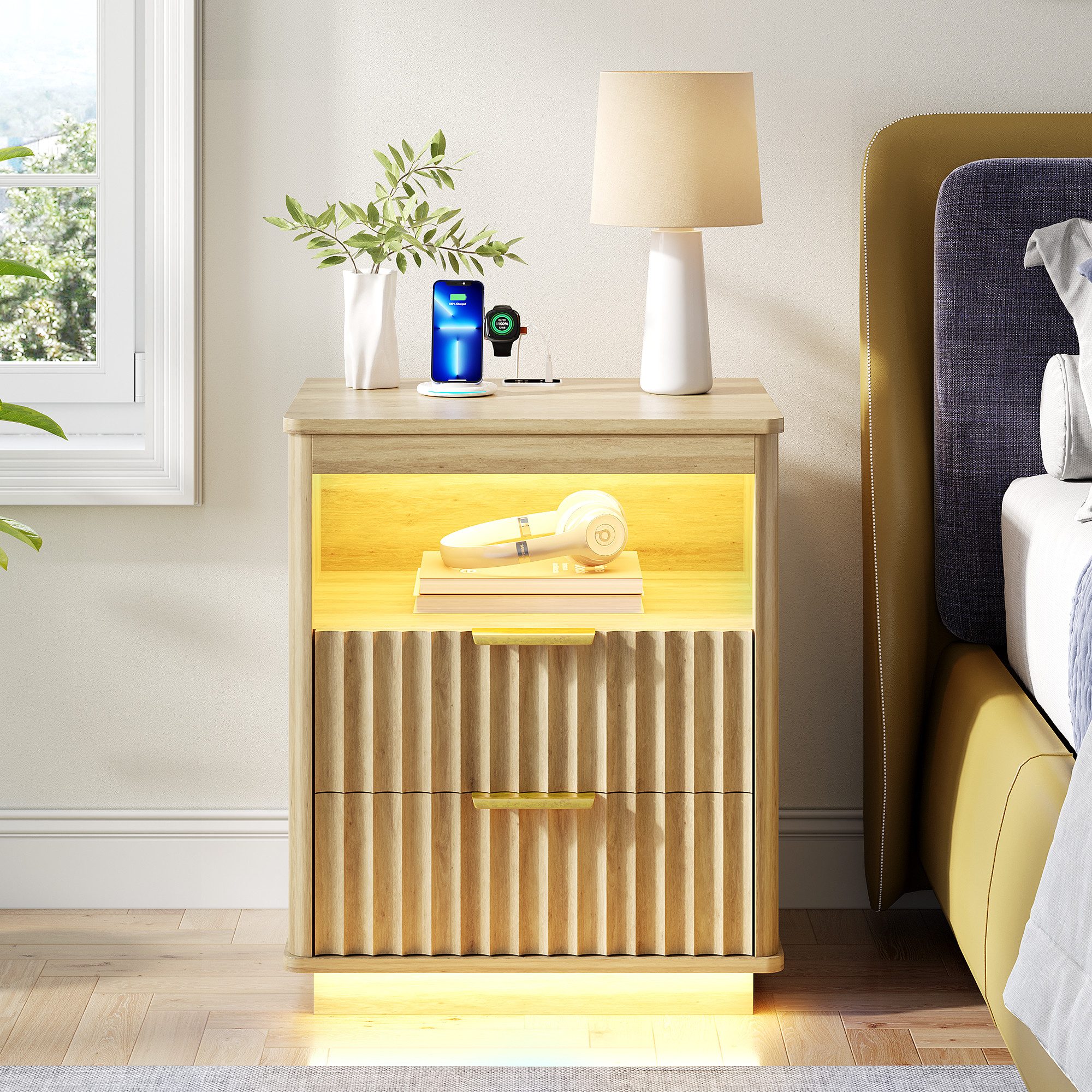 LVSOMT Nachttisch LED Nachttisch für Schlafzimmer mit Ladefunktion und 2 Sc günstig online kaufen