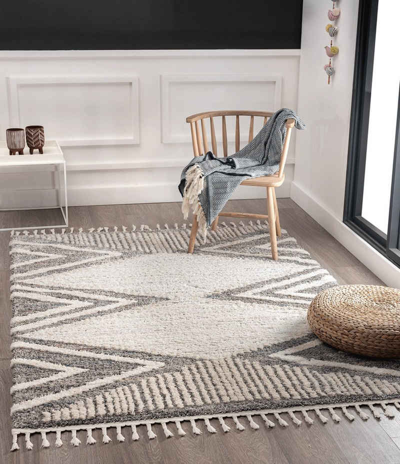 Hochflor-Teppich Vera Handmade-Look, 3D Effekt, Geometrisches Muster, Super Weich, the carpet, Rechteck, Höhe: 30 mm, Wohnzimmer, Schlafzimmer, Fransen, Hochwertig