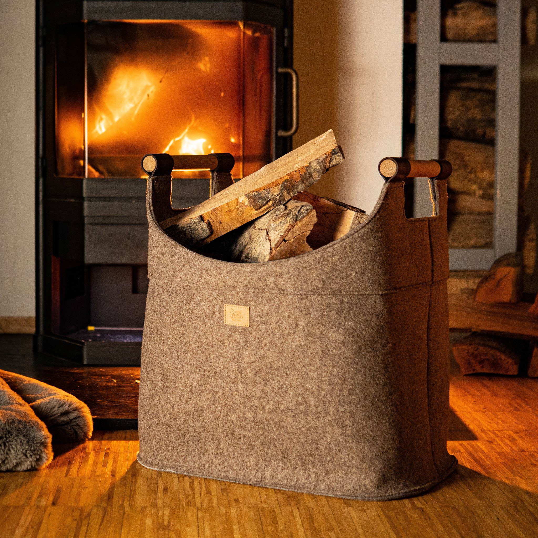 Easy and Green Kaminholzkorb Filz mit Echtholzhenkeln (Eiche) und Aufsatzta günstig online kaufen