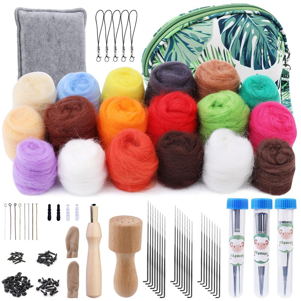 CLTYQ Kreativset 18 Farben Filzwolle, Nadel-Filz Starterset mit Filznadeln,DIY-Basteln, für Trockenfilzen,Filzwoll-Roving und Filzwerkzeug, für DIY-Basteln