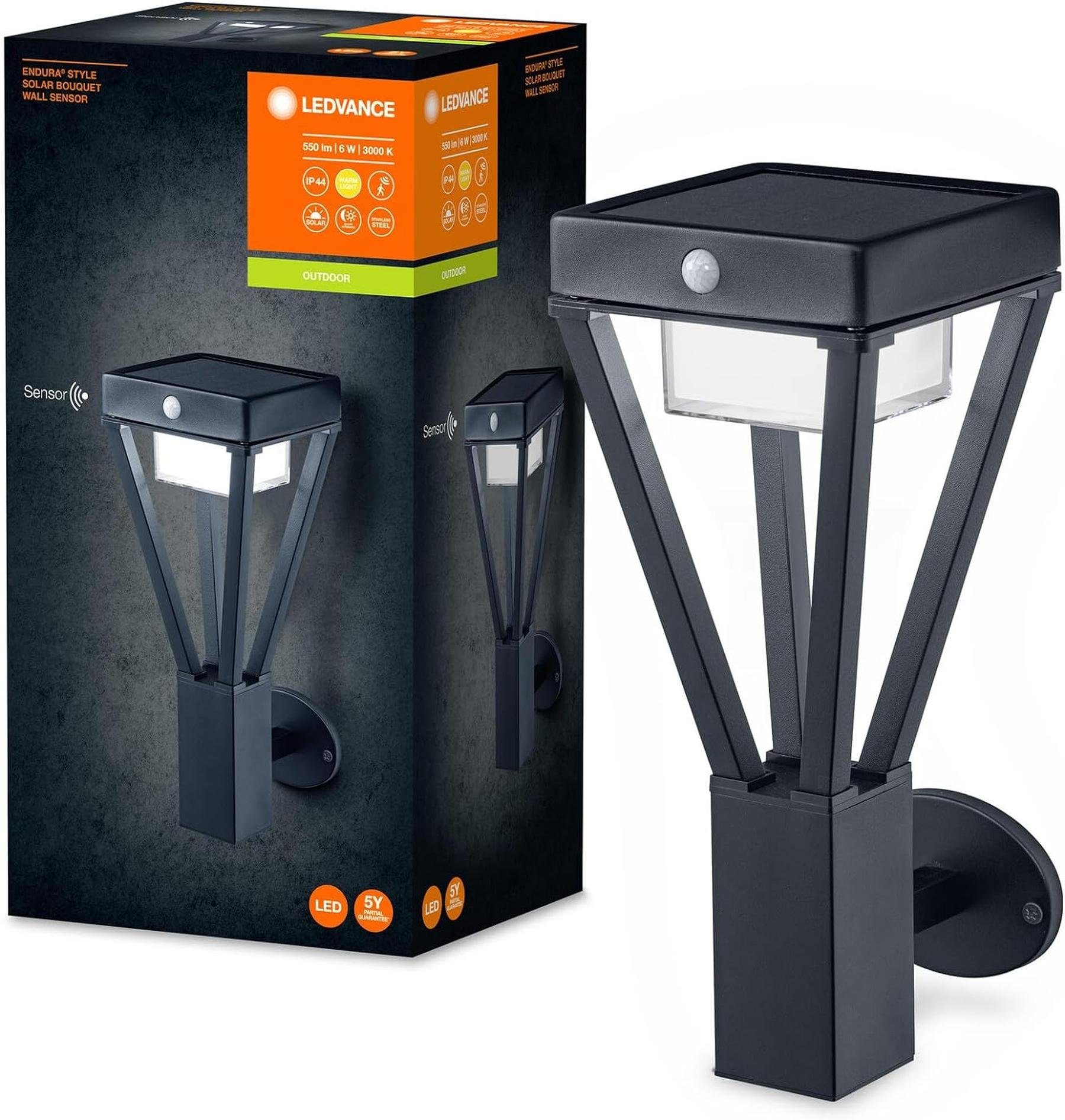 Ledvance LED-Leuchtmittel LED Außenleuchte Solarleuchte Bewegung Tageslicht Sensor Wandlampe 6W, LED, Warmweiß, Bewegungserkennungssensor, Energieeffizient, Tageslichtsensor