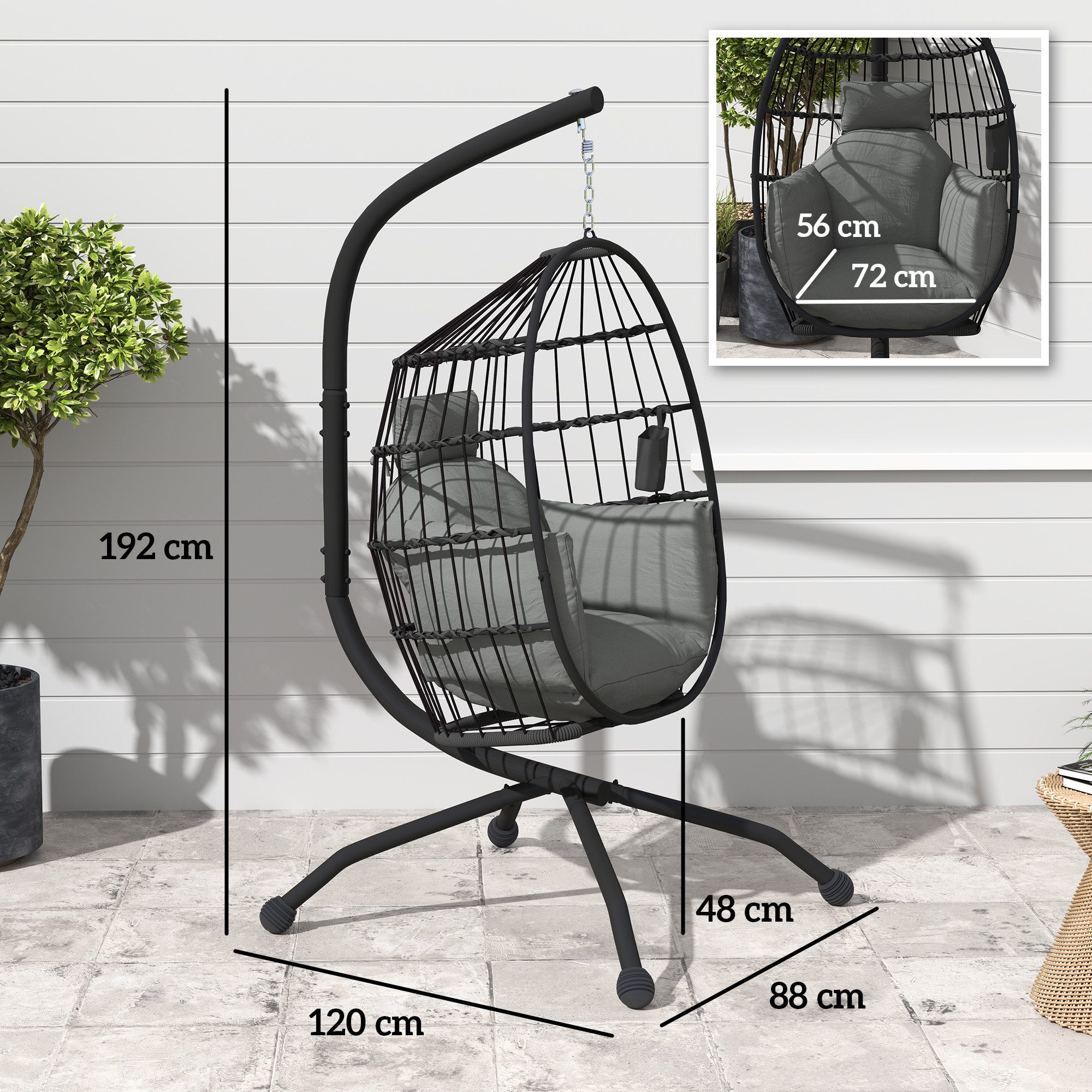 Outsunny Hängesessel Eiförmig, faltbar mit Becherhalter, abnehmbar waschbar Sitz, Gestell (Hängestuhl, 1-St., Schaukelstuhl), bis 120 kg Belastbar, Polyester, Schwarz