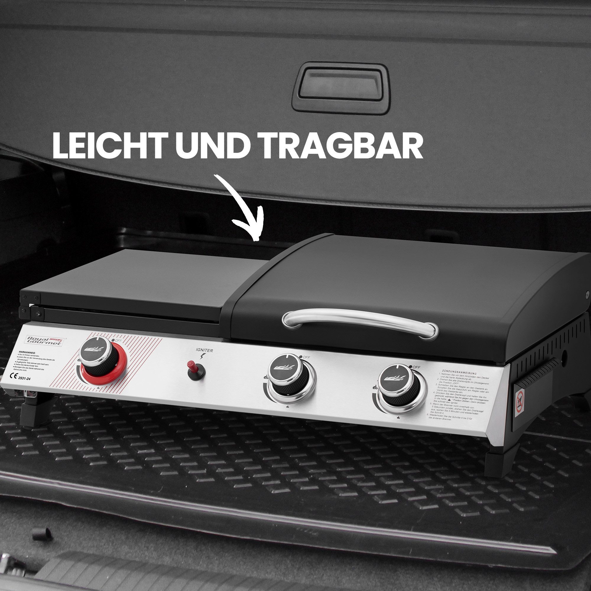 Royal Gourmet Gasgrill 3-Brenner Gasgrill, 3-in-1 Tischgrill für Grillen, Braten und Kochen, Tragbarer Campinggrill mit Klapp-Seitenablage und 8,5 kW Leistung – Bild 4 von 5