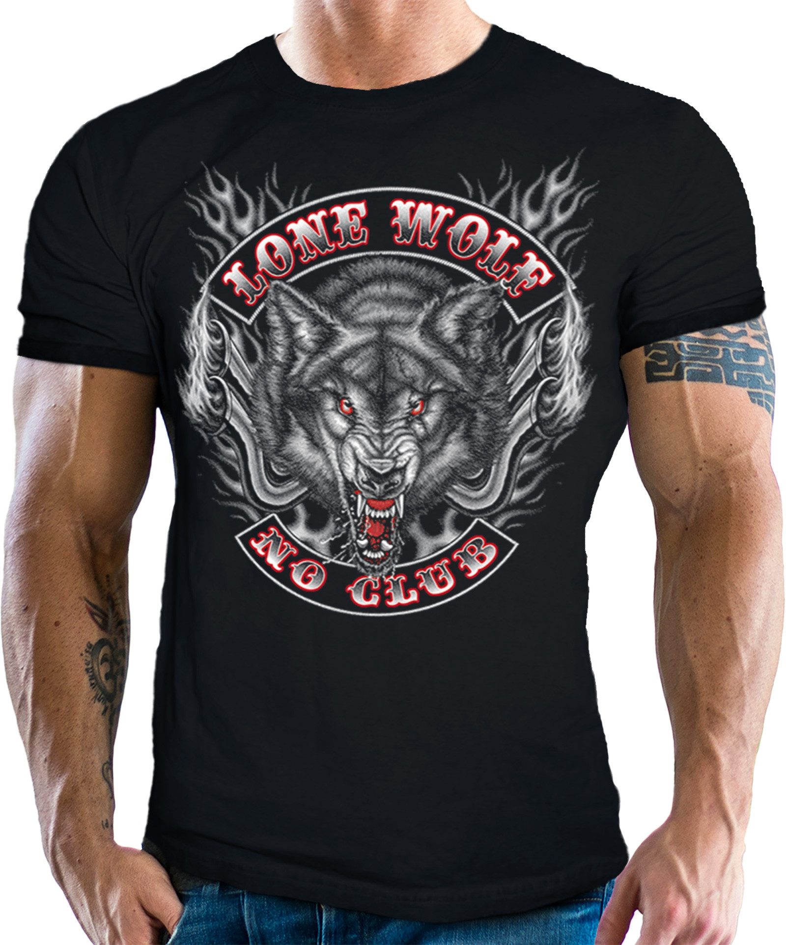 GASOLINE BANDIT® T-Shirt für Motorradfahrer und Biker: Lone Wolf - No Club